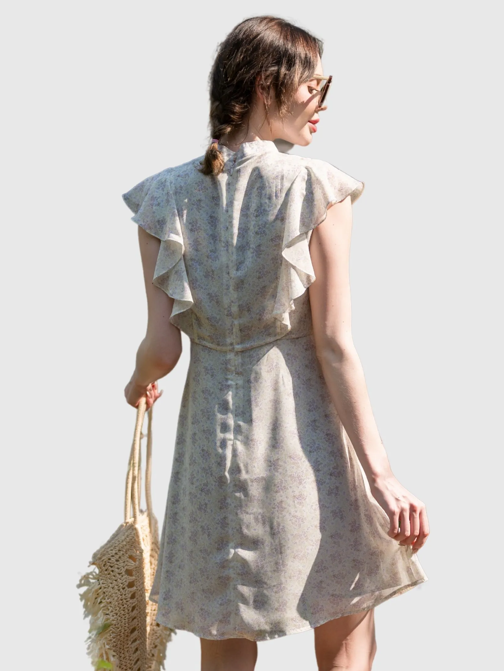 AMILA Women Dress Short Sleeves Chiffon Print Cream