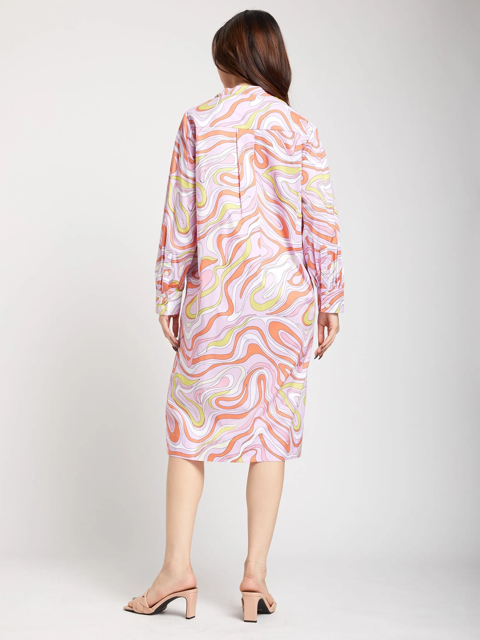 ALUMNUS Women Dress Long Sleeves Collar Two Pockets on Chest Print Pink