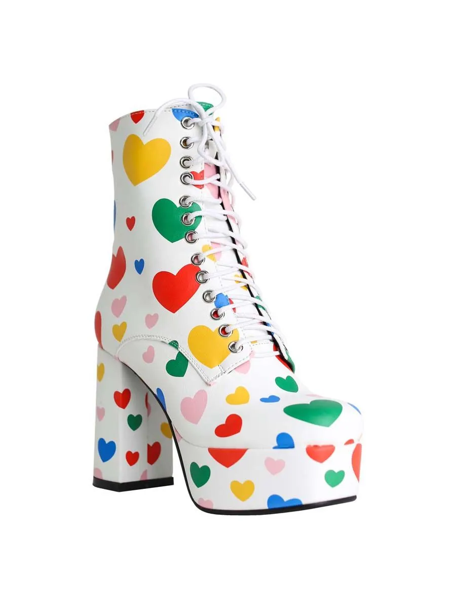 VILLAINS SF Y-I-LOVE-U-HEARTS Platform Boots WHITE MULTI