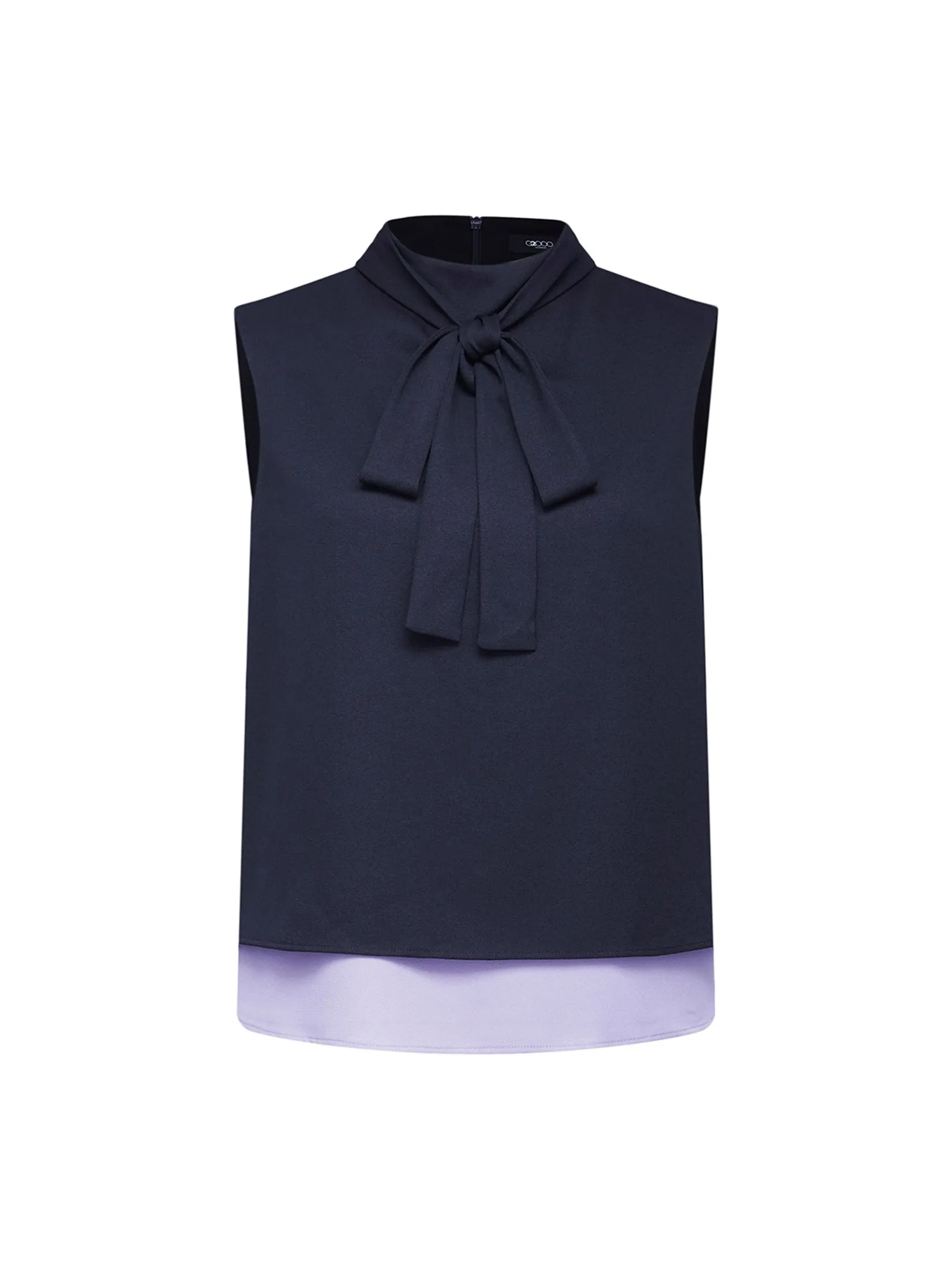 G2000 Women Clothing Crepe Colour Block Layered Sleeveless  Stand Collar Tie Blouse Regular Fit - Navy