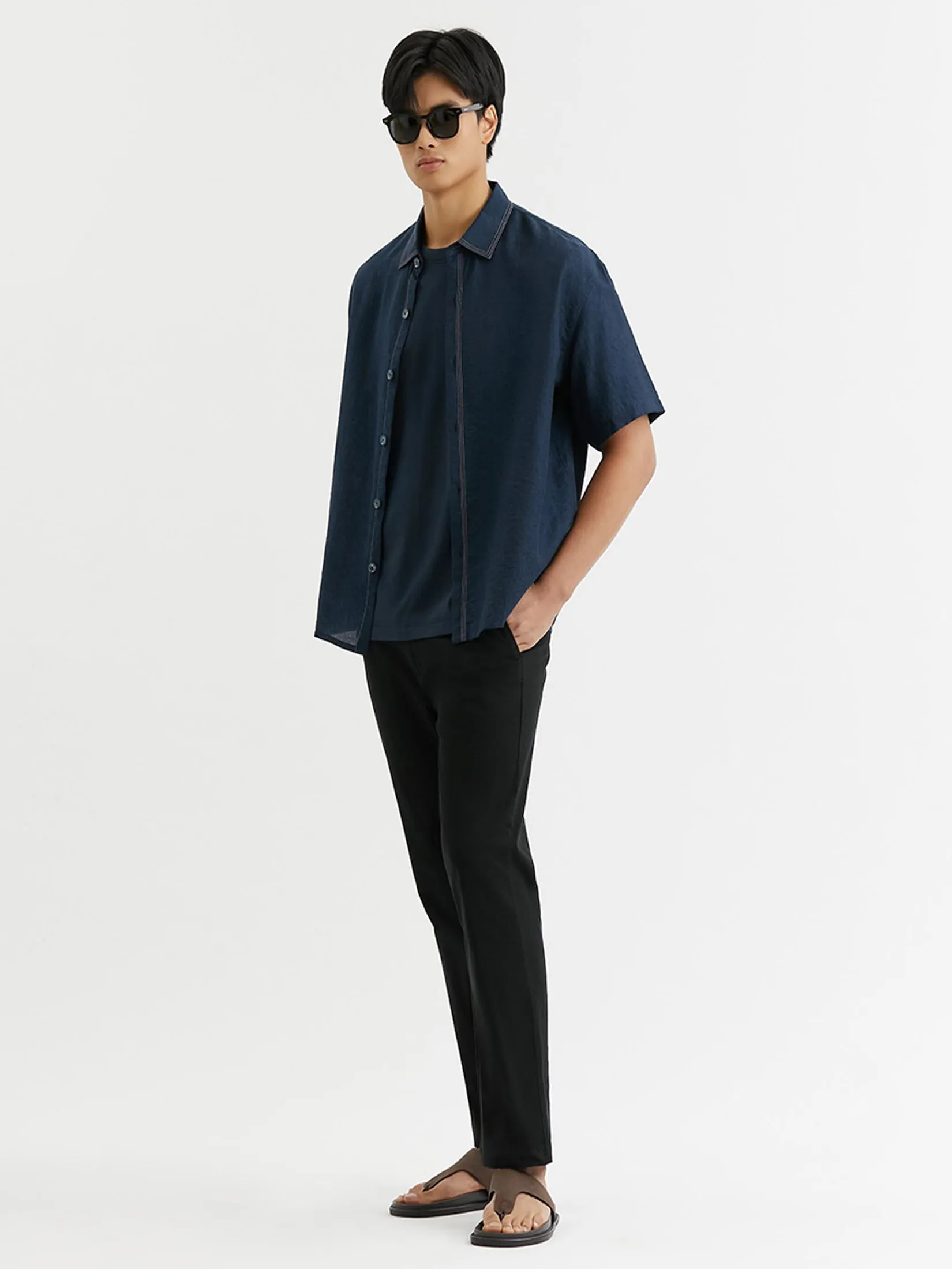 DAPPER Men Tonal Camo Jacquard Shirt Navy