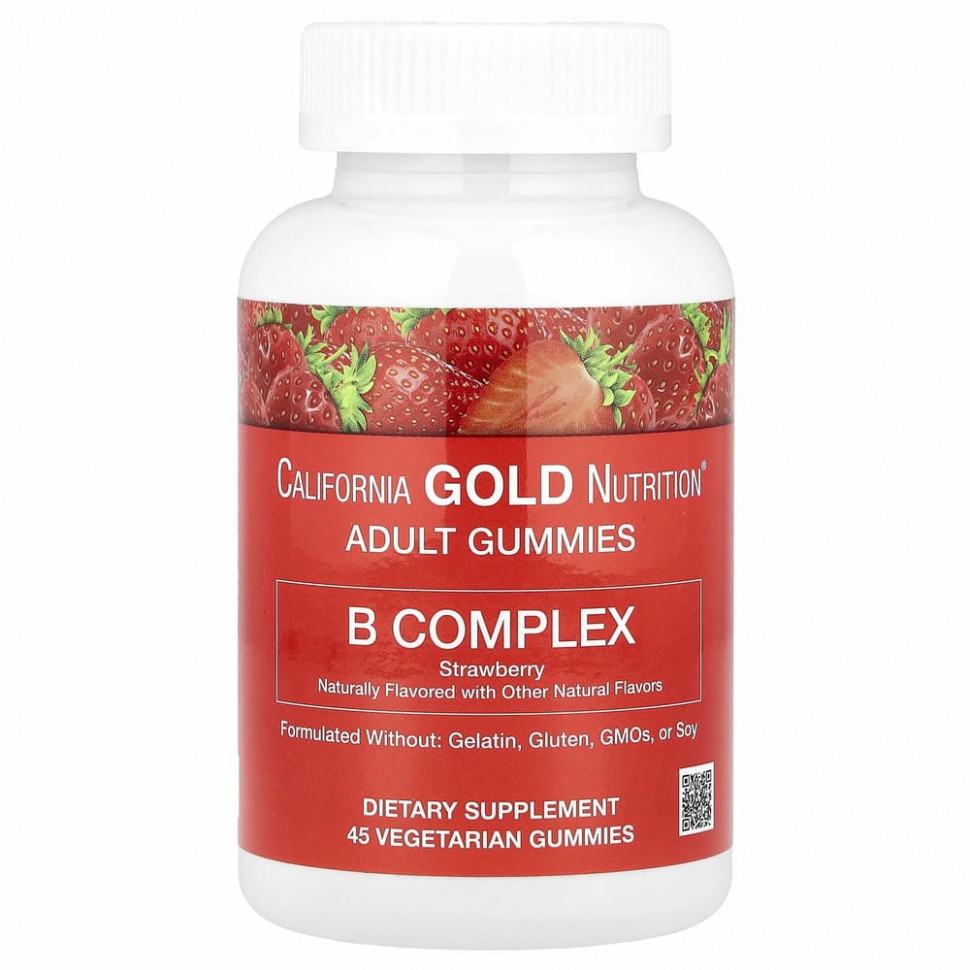 California Gold Nutrition, Жевательные таблетки с комплексом витаминов группы B, без желатина и глютена, натуральный клубничный вкус, 45 жевательных таблеток