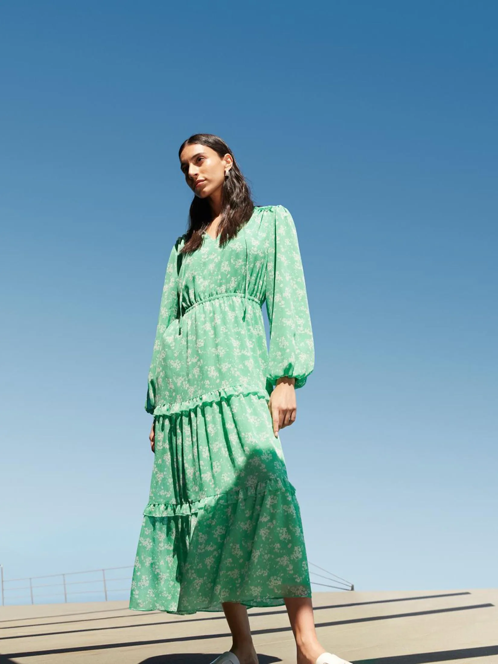 MARKS & SPENCER Women Maxi Tiered Dress Floral Tie Neck Green Mix