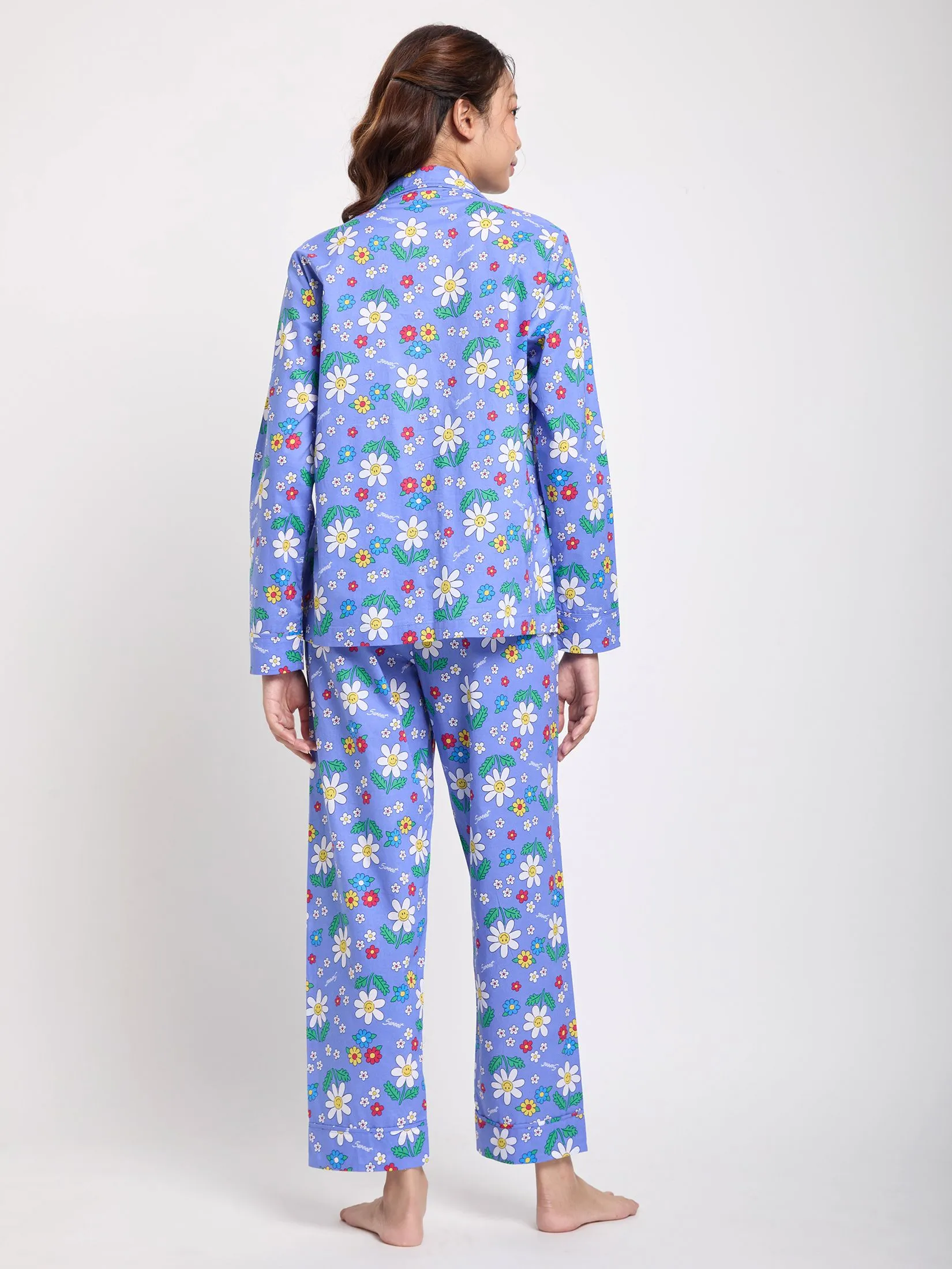 SWEET SENSATIONS Women Pyjamas Hawaii Shirt Long Sleeves + Pants Print Navy