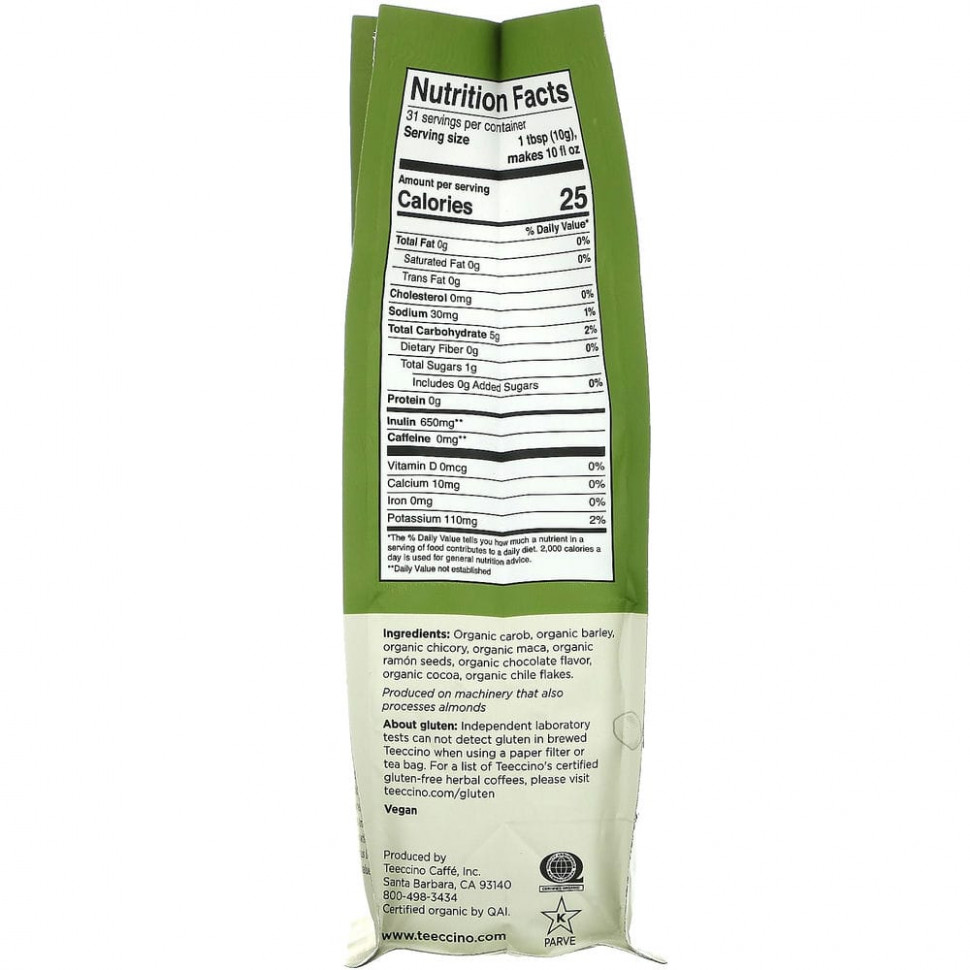 Teeccino, органический травяной кофе из цикория, шоколад и мака, темная обжарка, без кофеина, 312 г (11 унций)