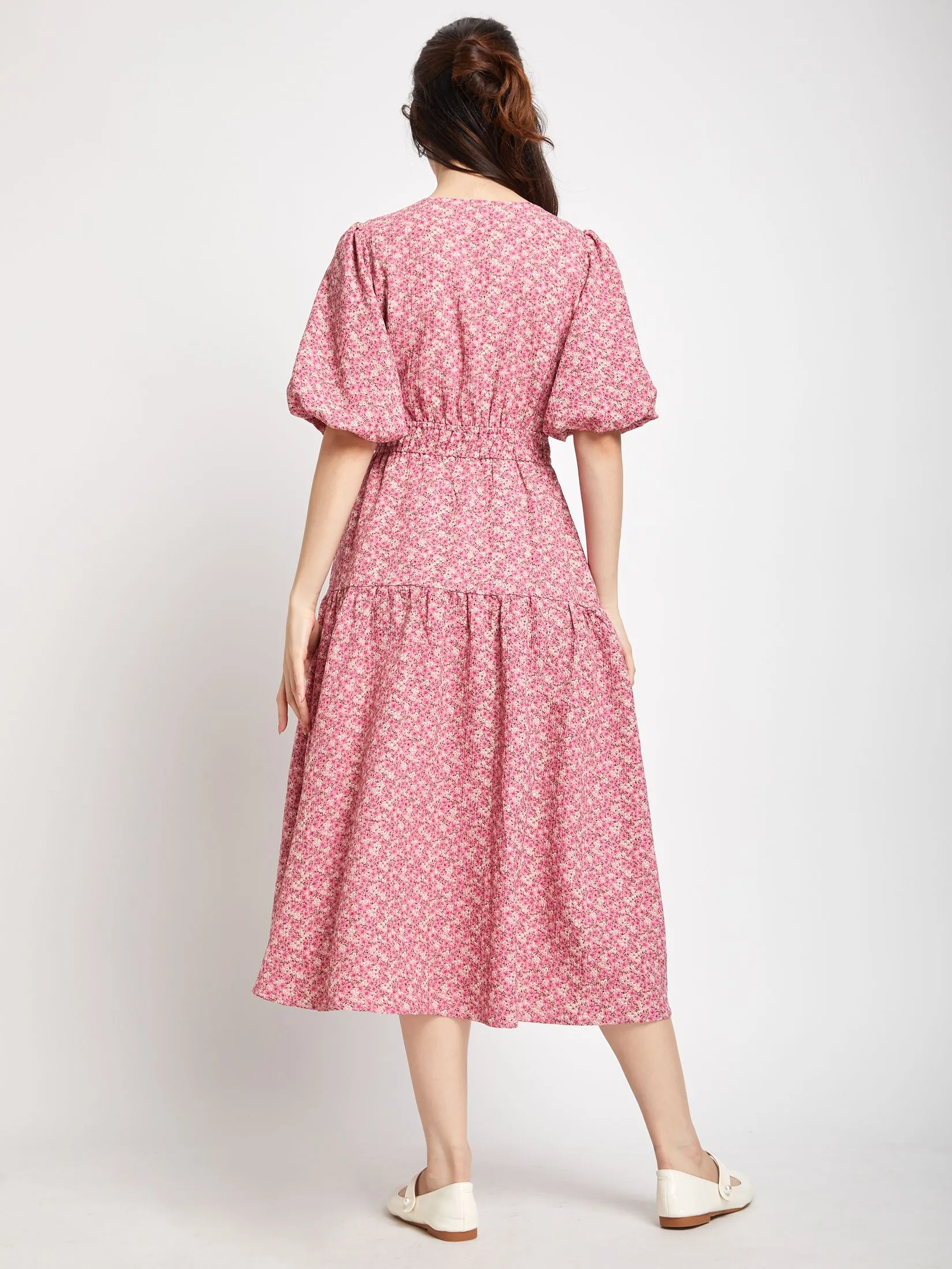 LOLITA Bell-Sleeve V-Neck Midi Dress With Ruched Ribbon Detail