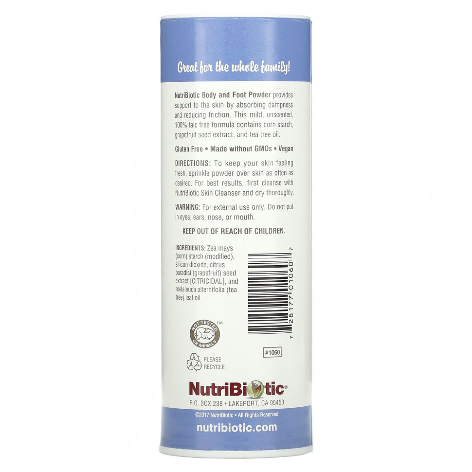 NutriBiotic, Пудра для тела и ног с экстрактом косточек грейпфрута и маслом чайного дерева, без запаха, 113 г (4 унции)
