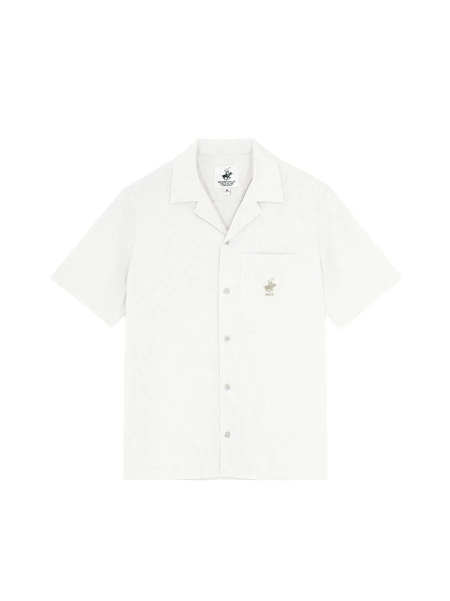 BEVERLY HILLS POLO CLUB Men Cotton Linen Open Collar Shirt Short Sleeve, White Size - M