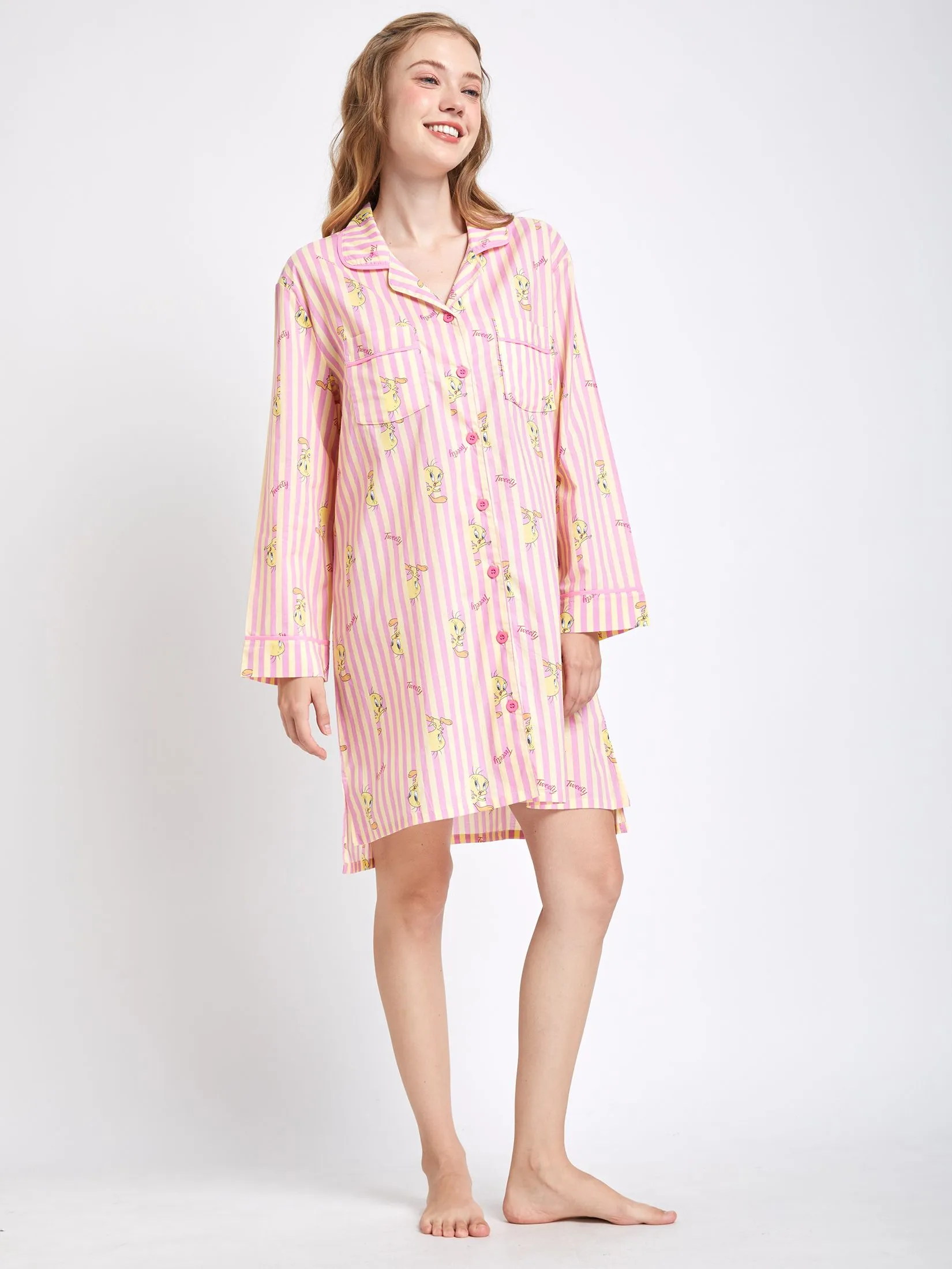 SWEET SENSATIONS Women Pyjamas Dress Long Sleeves Collar Neck Tweety Yellow