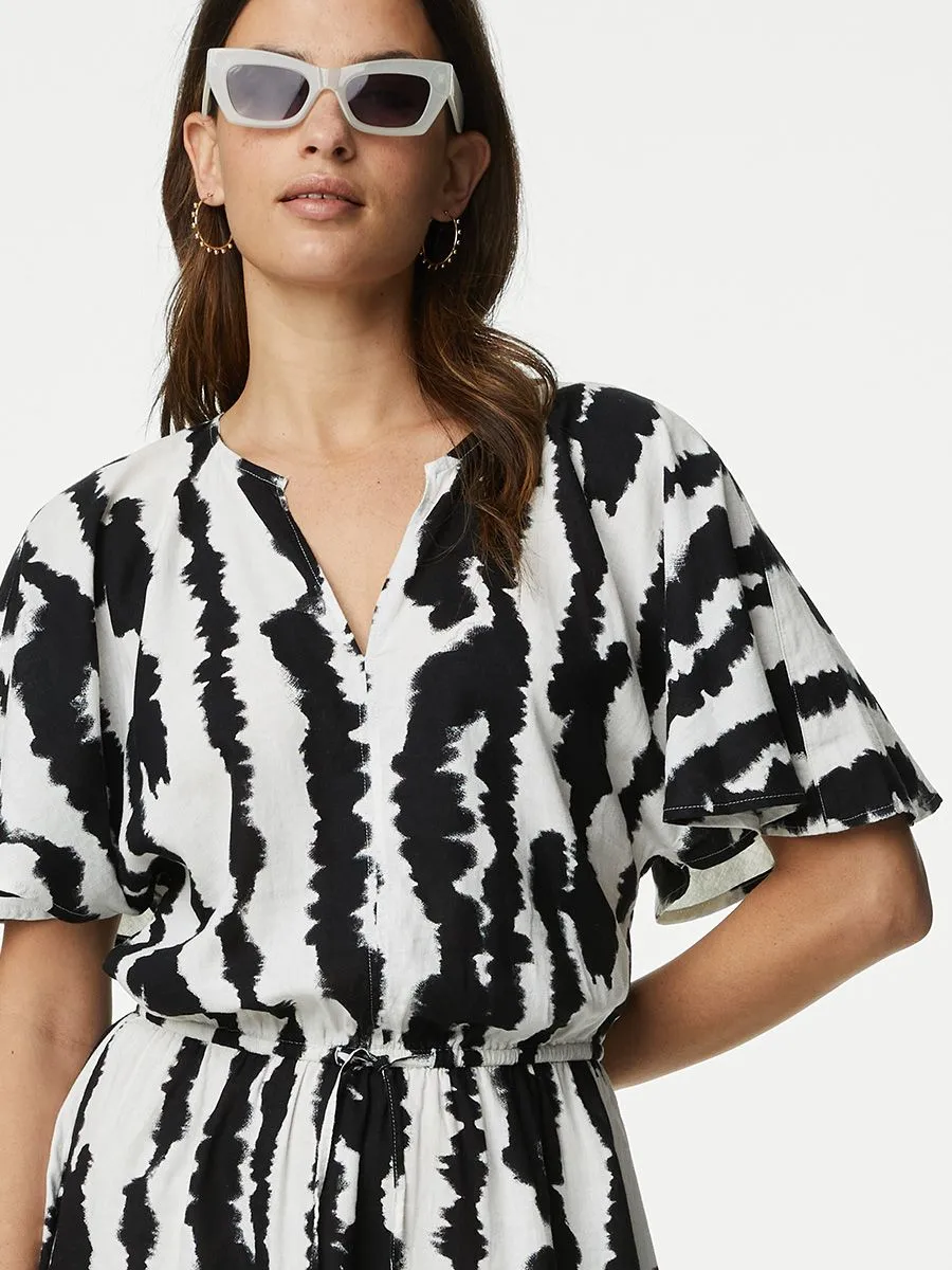 MARKS & SPENCER Women Dress V-Neck Swing Linen Blend Printed Black Mix