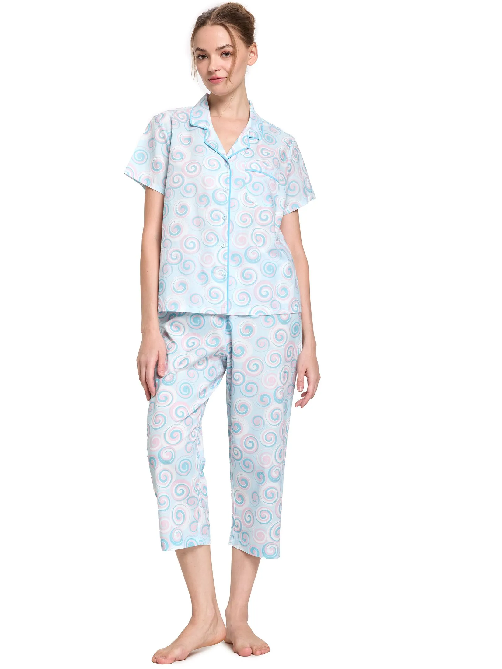 CLAUDIA'S ROMANCE Women Pyjamas Set Hawaiian Shirt Short Sleeves + Cropped Pants Light Blue