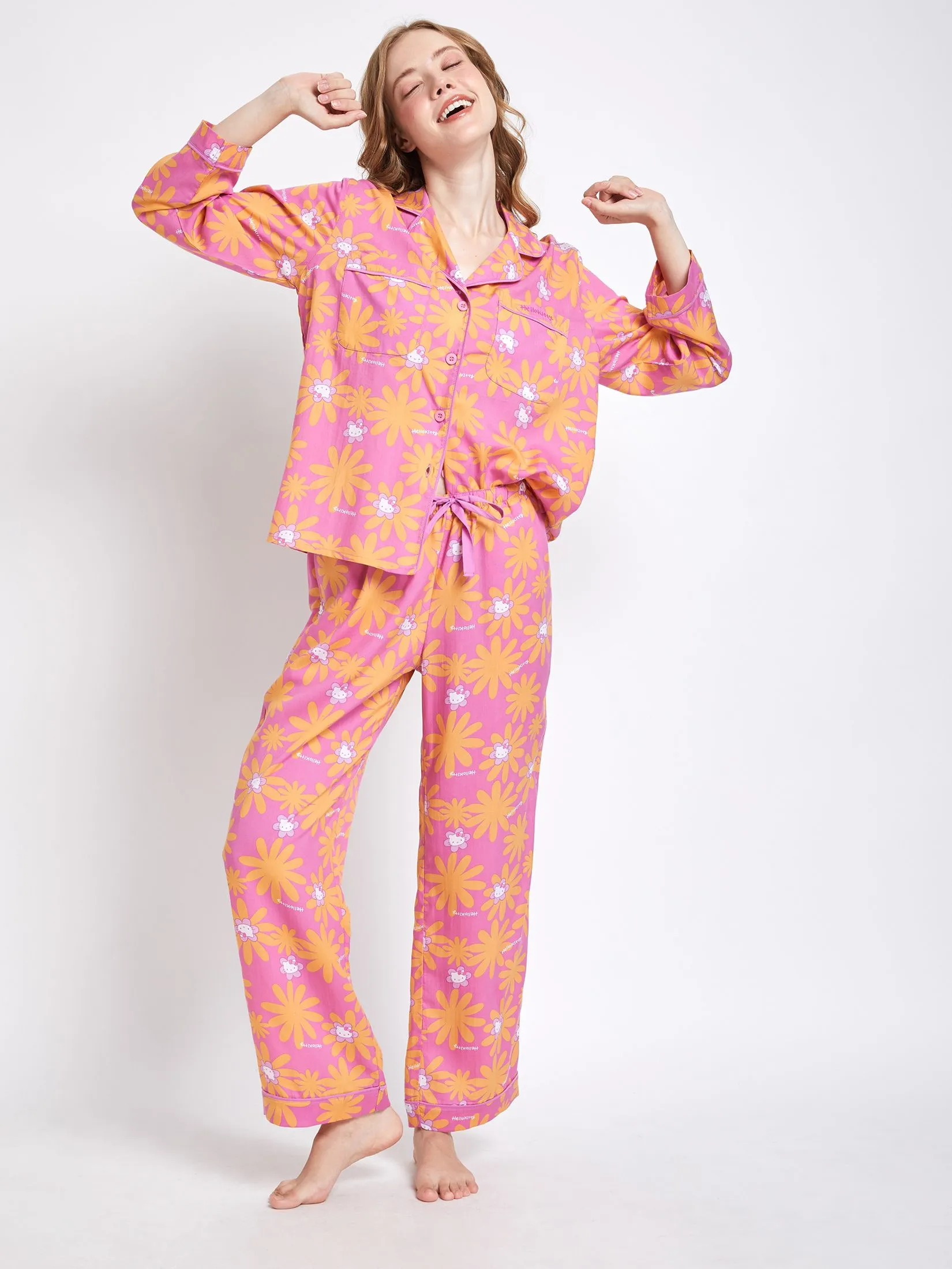 SANRIO Women Pyjamas Shirt Long Sleeves + Pants Flower Face Hello Kitty Pink