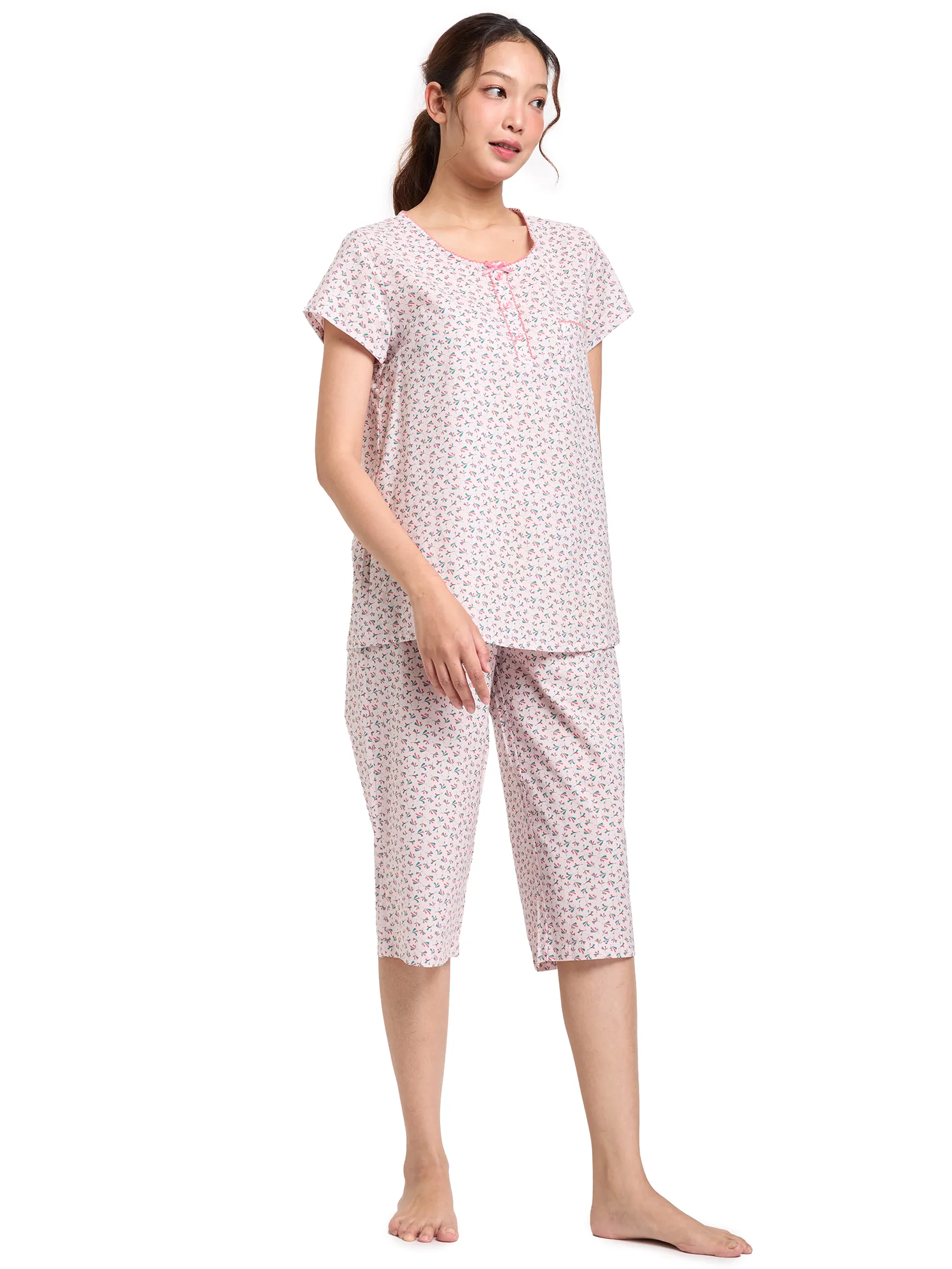 CLAUDIA'S ROMANCE Women Pyjamas T-Shirt Short Sleeves Crew Neck + 3/4 Pants Print Pink