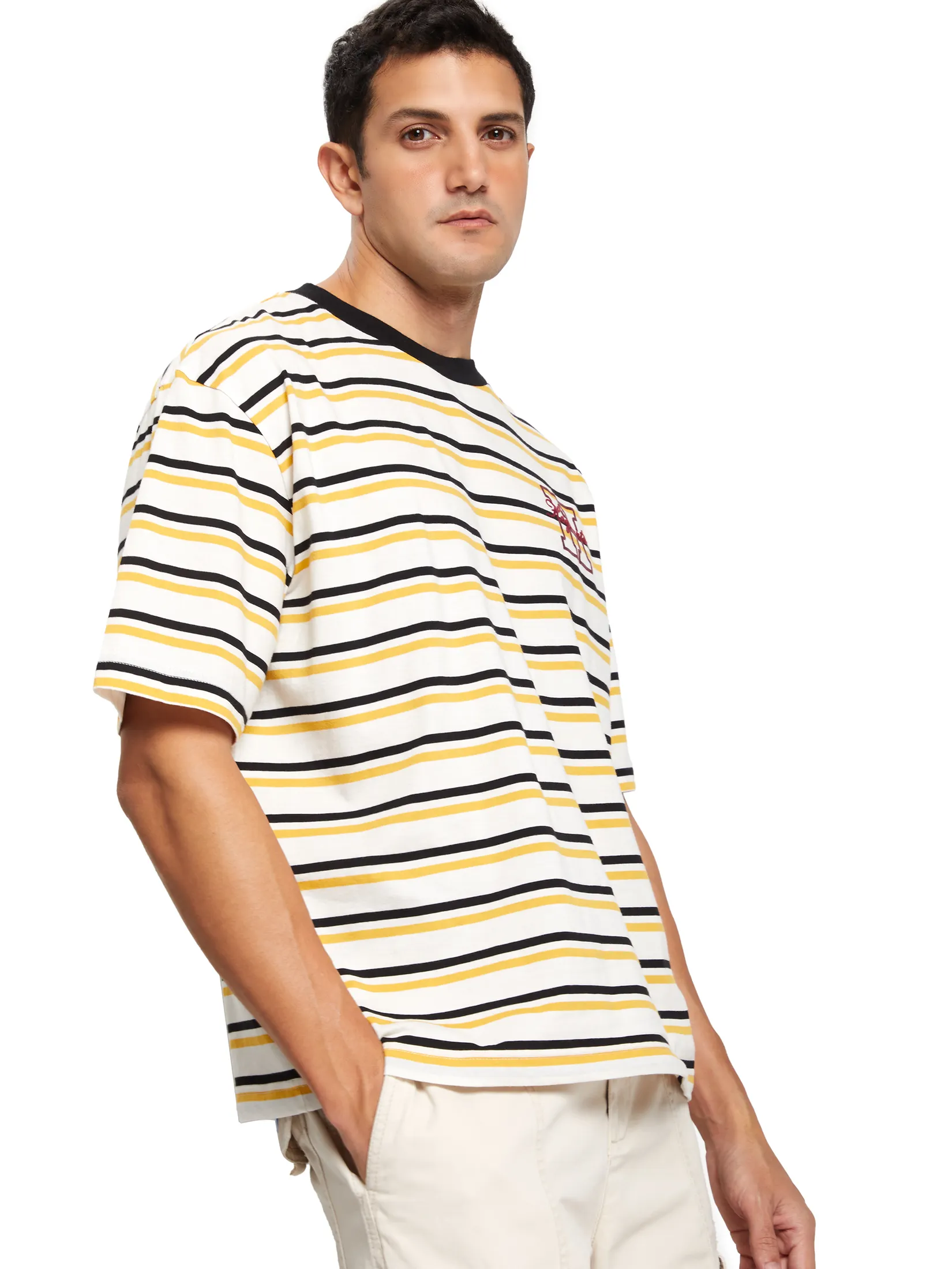 DEFRY 01 Men T-Shirt Short Sleeves Striped Prints Yellow Size - 2XL