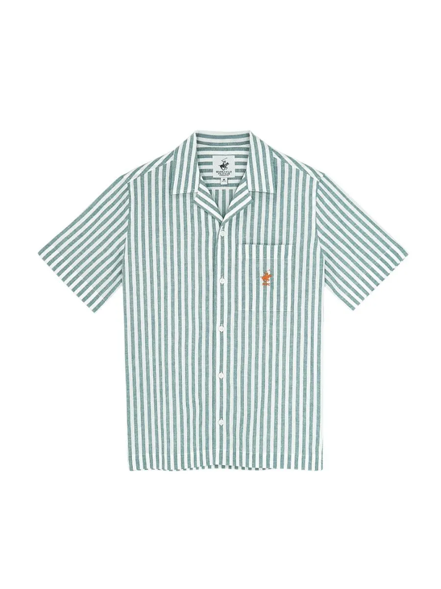 BEVERLY HILLS POLO CLUB Men Cotton Linen Open Collar Shirt Short Sleeve, Striped