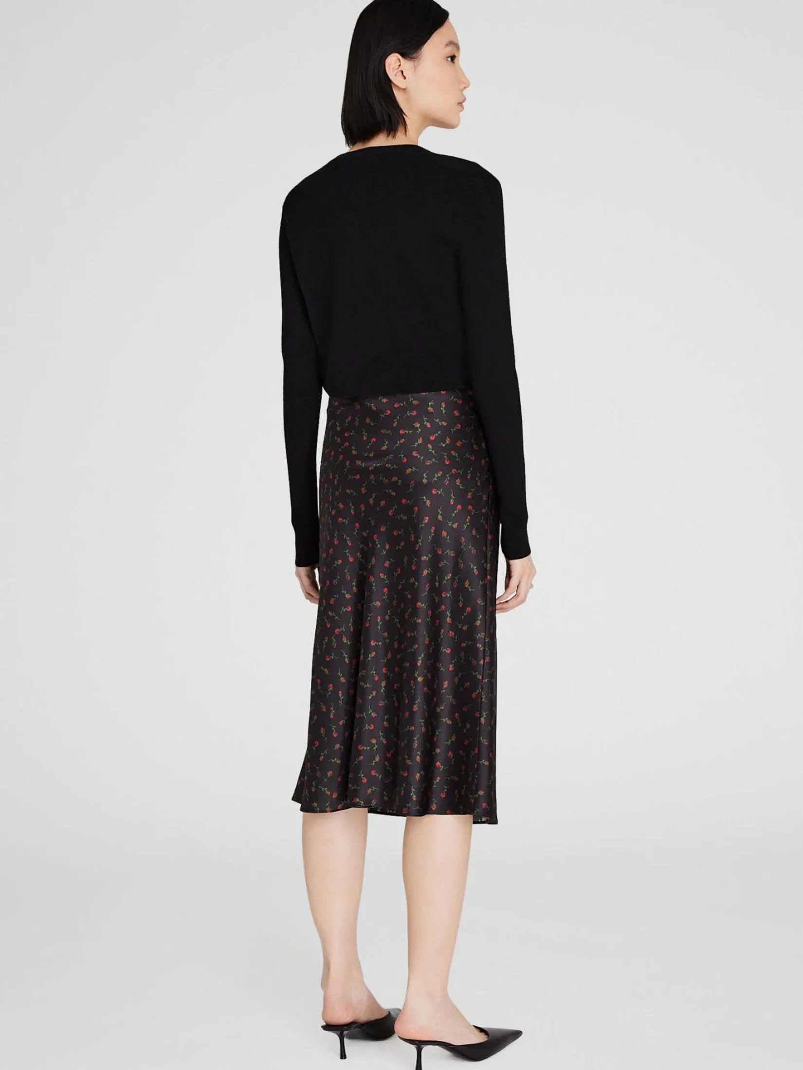 CLUB MONACO Women Skirt Midi Floral Print Silk Charmeuse Black