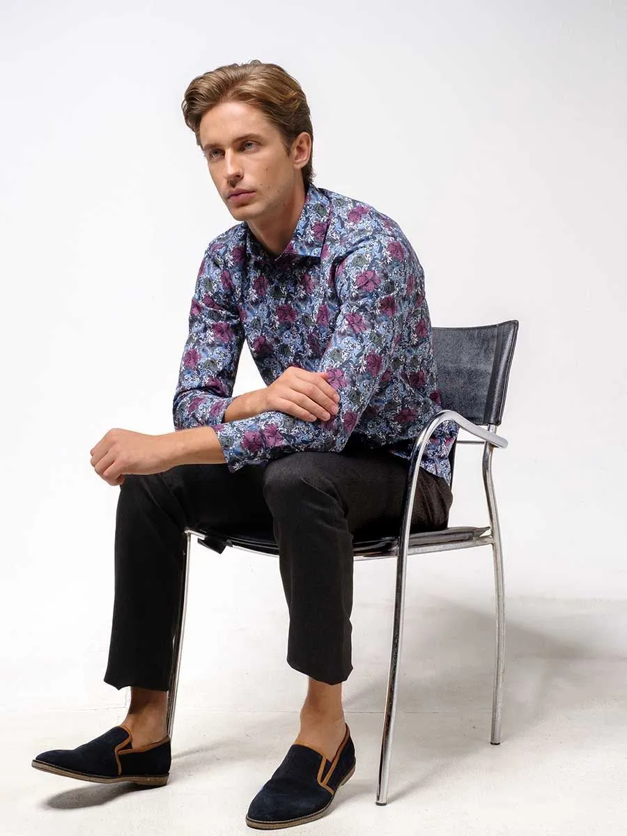 OLYMP MEN SHIRT LONG SLEEVES MODERN FIT GRAPHIC PRINT BLUE EASY IRON