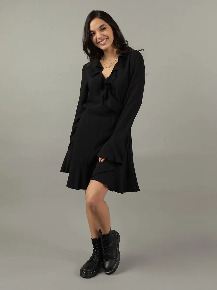 AMERICAN EAGLE WOMEN 7443 INTL RUFFLE WRAP MINI DRESS 001 BLACK Size - XS