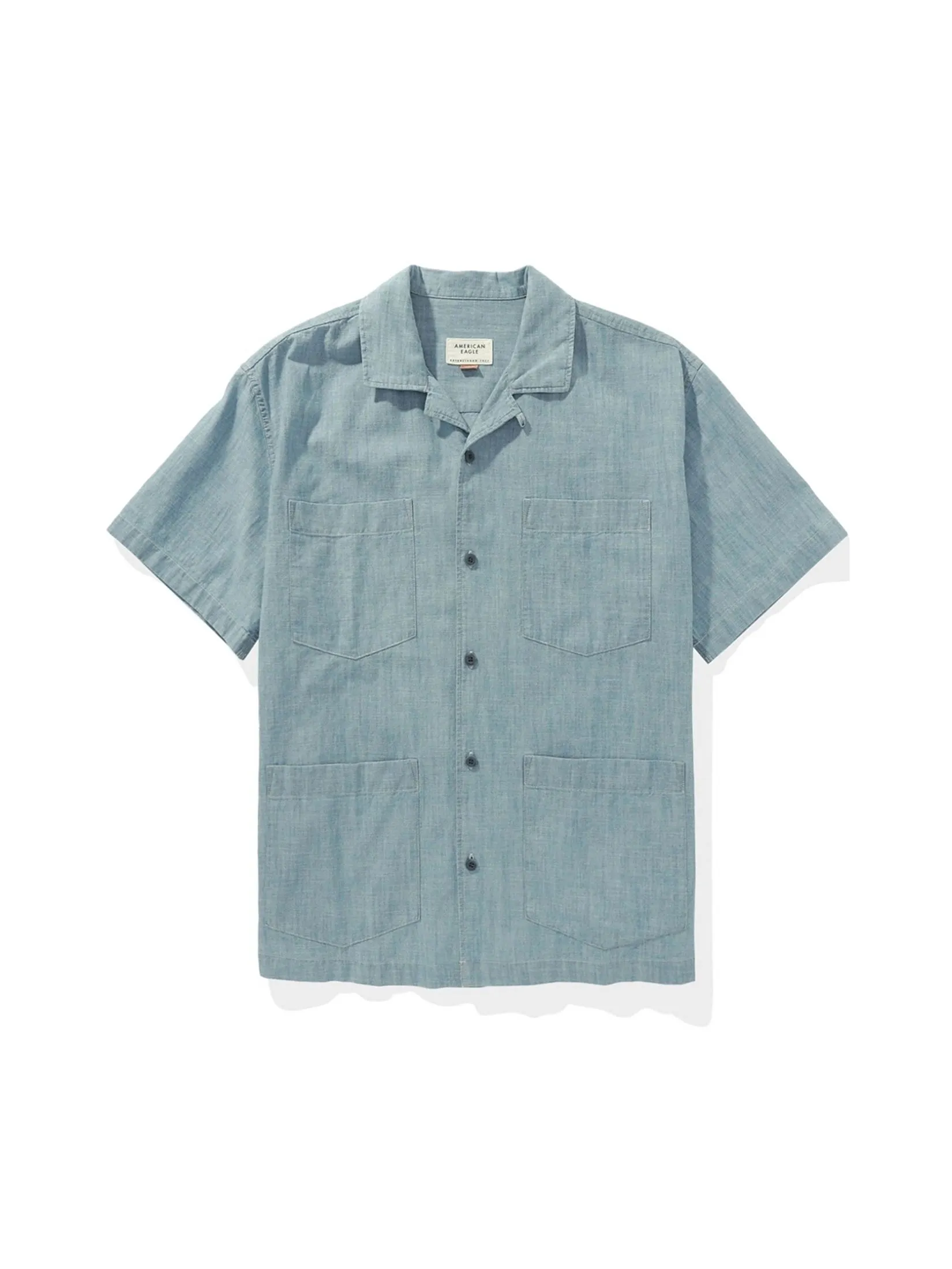 AMERICAN EAGLE MEN SS OVERSIZED CAMP COLLAR 4 PKT CHAMBRAY SHIRT 437 FRESH BRIGHT