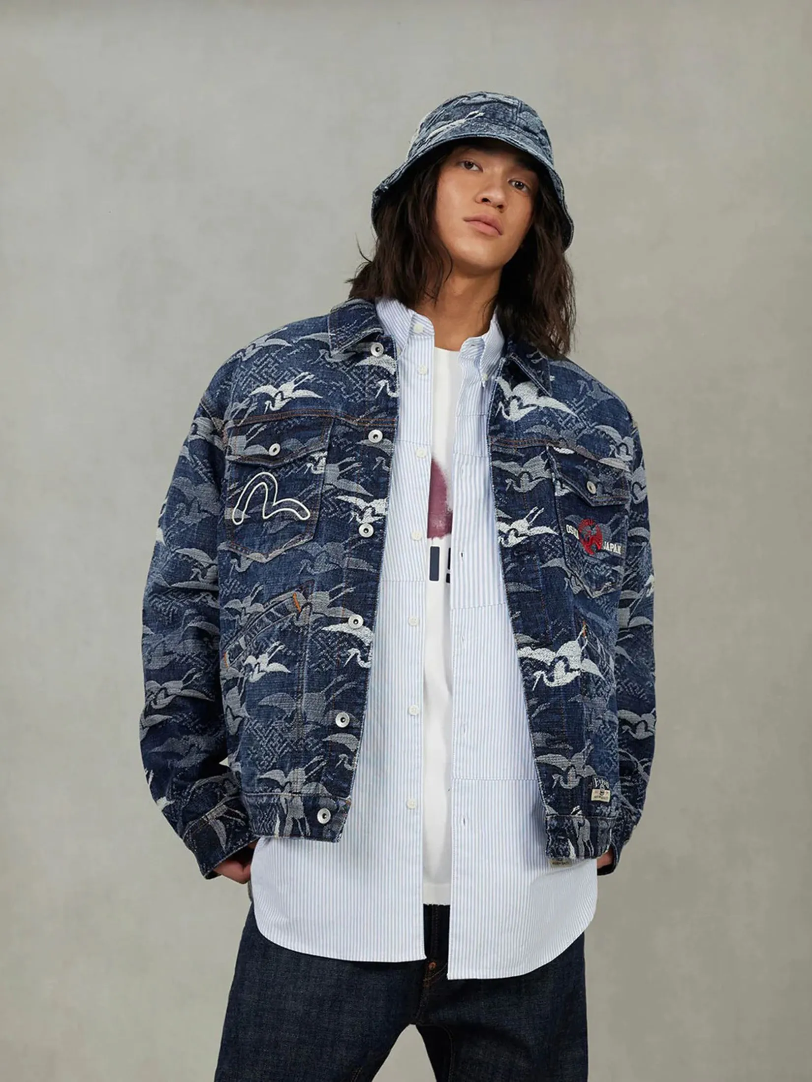 EVISU Men Denim Jacket Allover Seagull Cranes Jacquard Loose Fit Navy