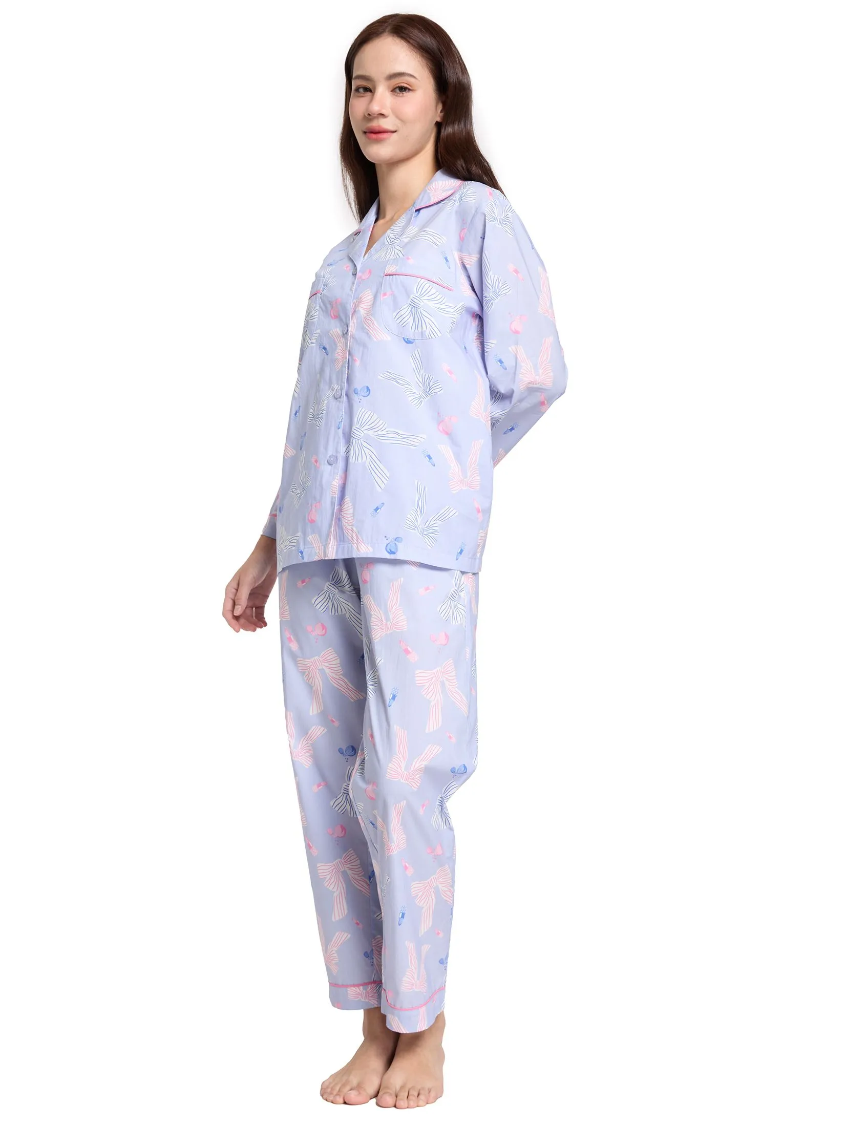 FOF Women Sleepwear Shirt Long Sleeves Collar + Pants Bow Light Purple