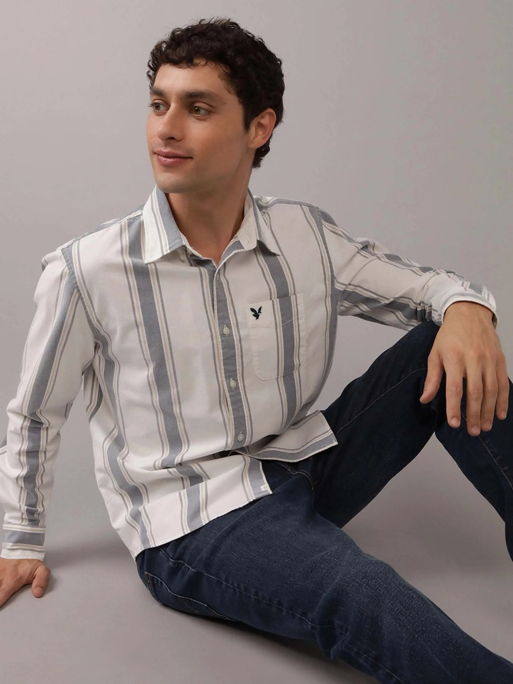 AMERICAN EAGLE MEN INT CF BD STRIPE OXFORD SHIRT 164 SOFT OAT
