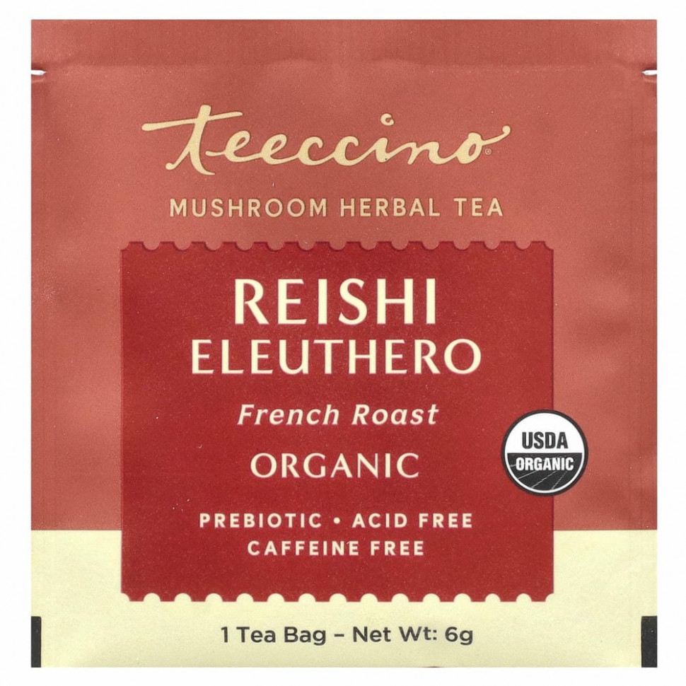 Teeccino, Mushroom Herbal Tea, Organic Reishi Eleuthero, French Roast, Caffeine Free, 10 Tea Bags, 2.12 oz (60 g)