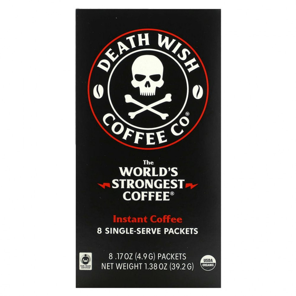 Death Wish Coffee, The World's Strongest Coffee, растворимый кофе, темная обжарка, 8 порционных пакетиков по 4,9 г (17 унций)