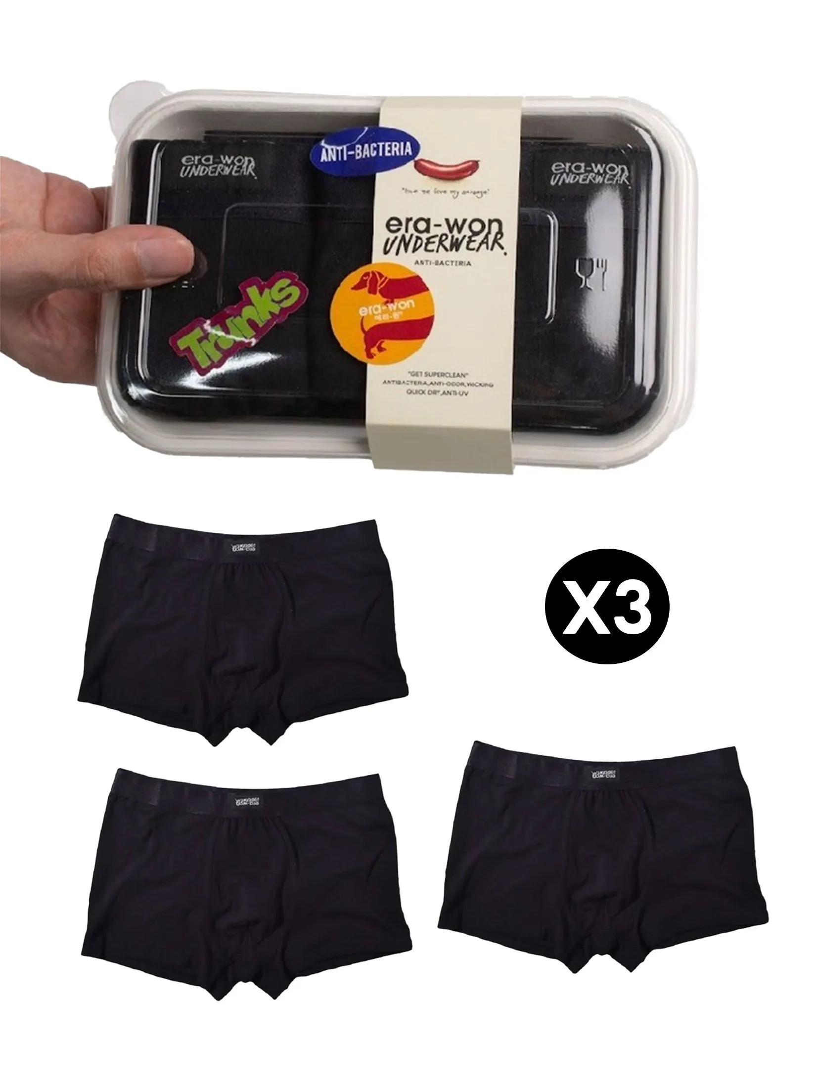 ERA-WON Men's underwear trunk 3 Pcs. Black