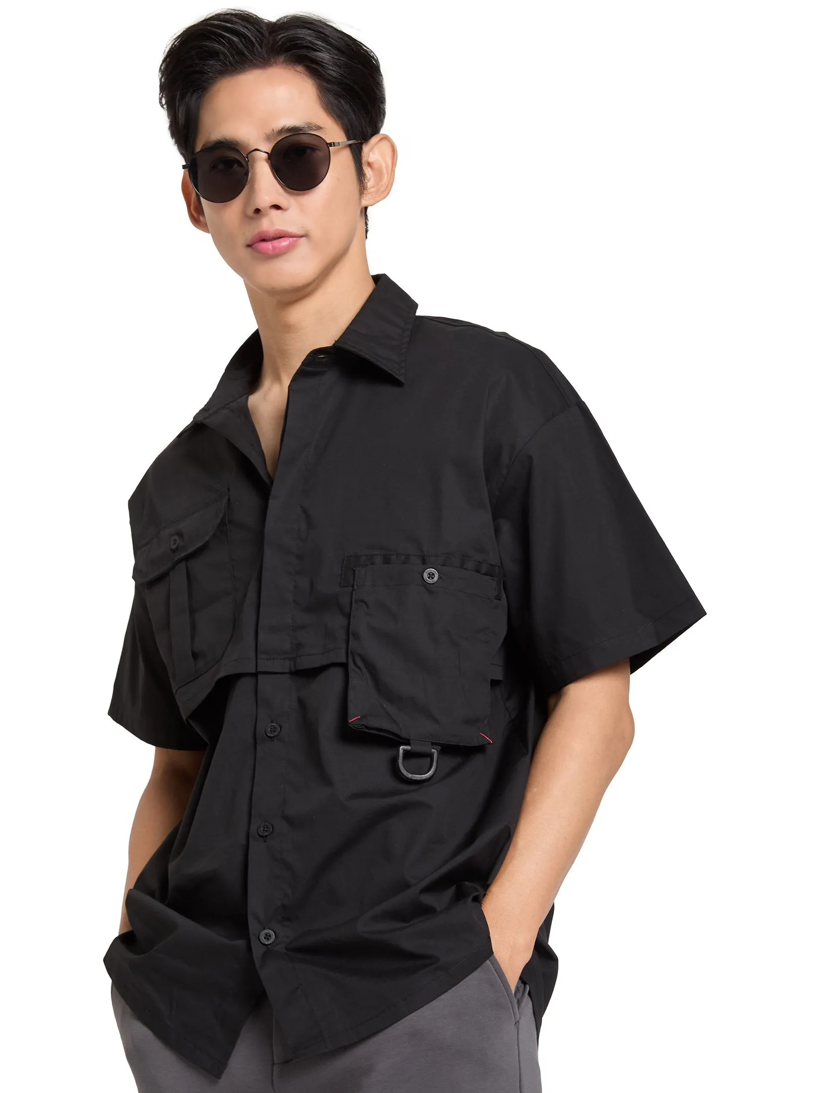 PACIFIC UNION Men Shirt Short Sleeves with Pockets Relaxed Fit Black