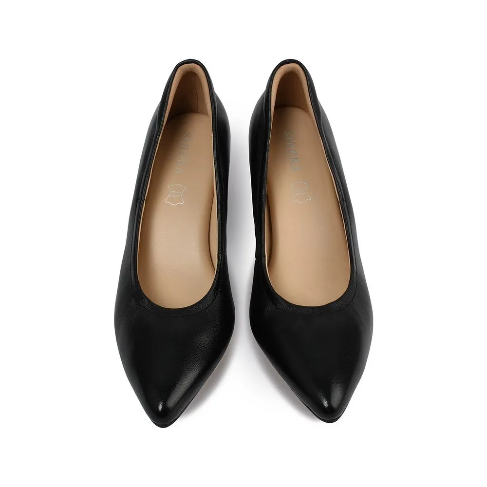 SIRENA Black Leather Court Shoes Pointed Toe Blocked Heel 2 inch Hera