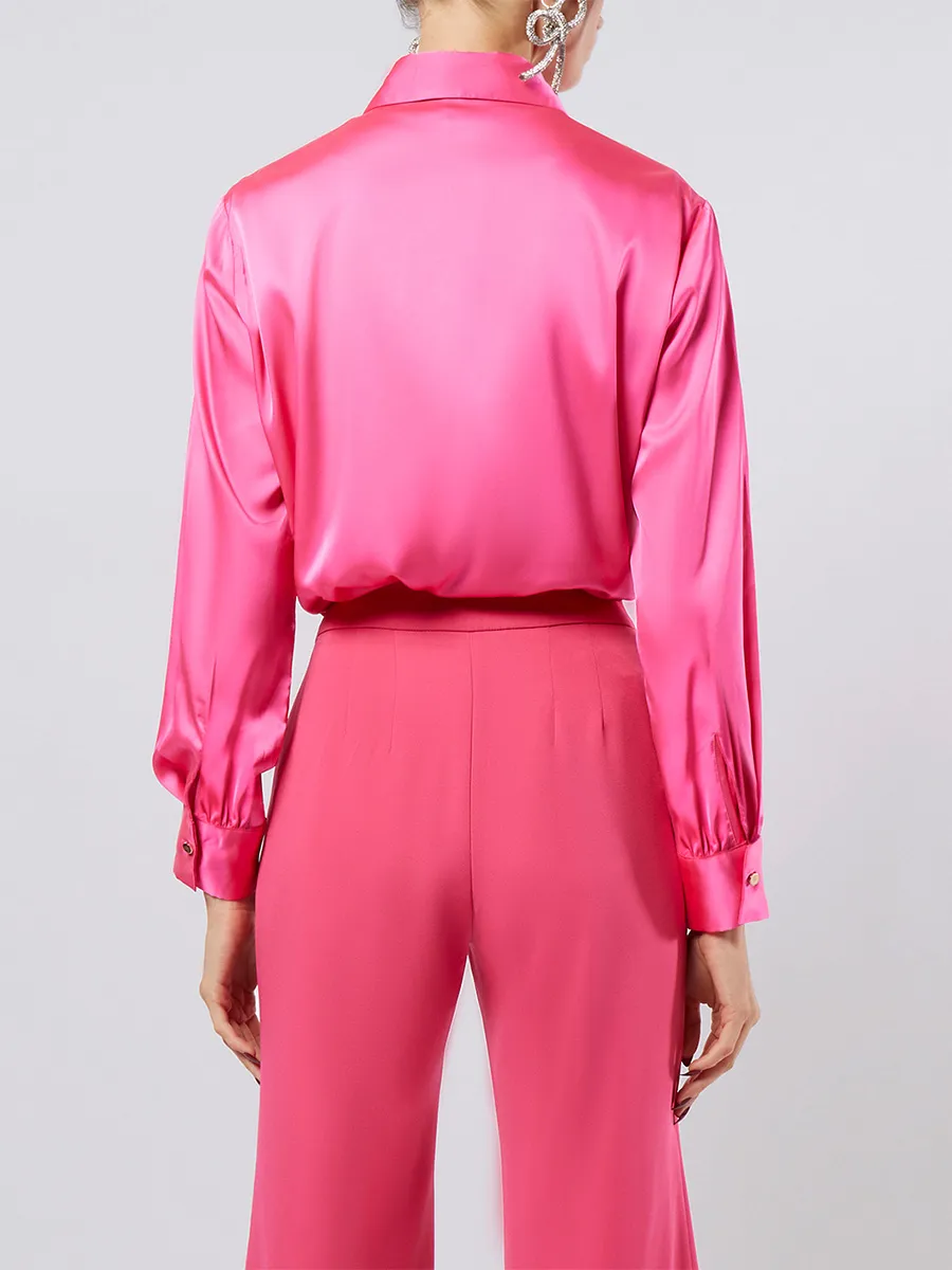 F-FASHION V-Neck Satin Shirt Women Mid Pink