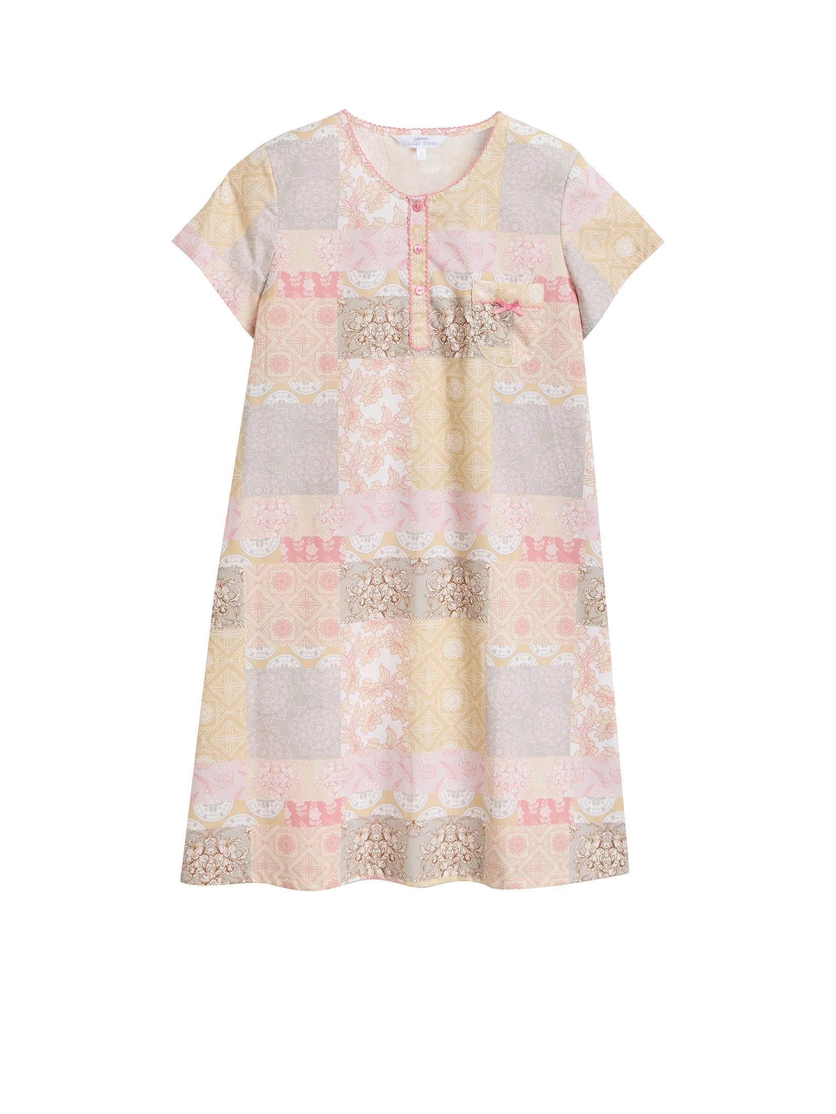 CLAUDIA'S ROMANCE Women Night Dress Short Sleeves Round-Neck Brown