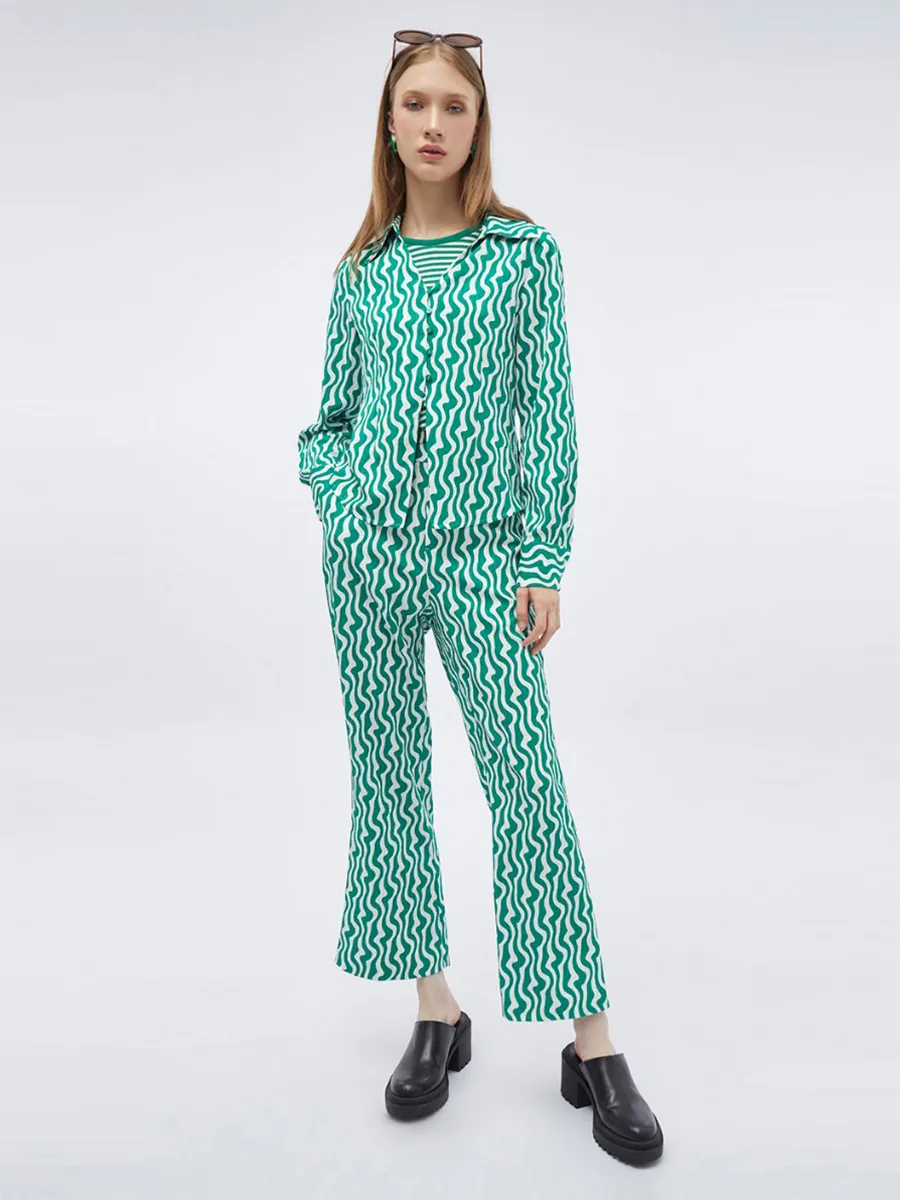 F-FASHION Abstract Animal Print Wide Leg Trousers Women Dark Green