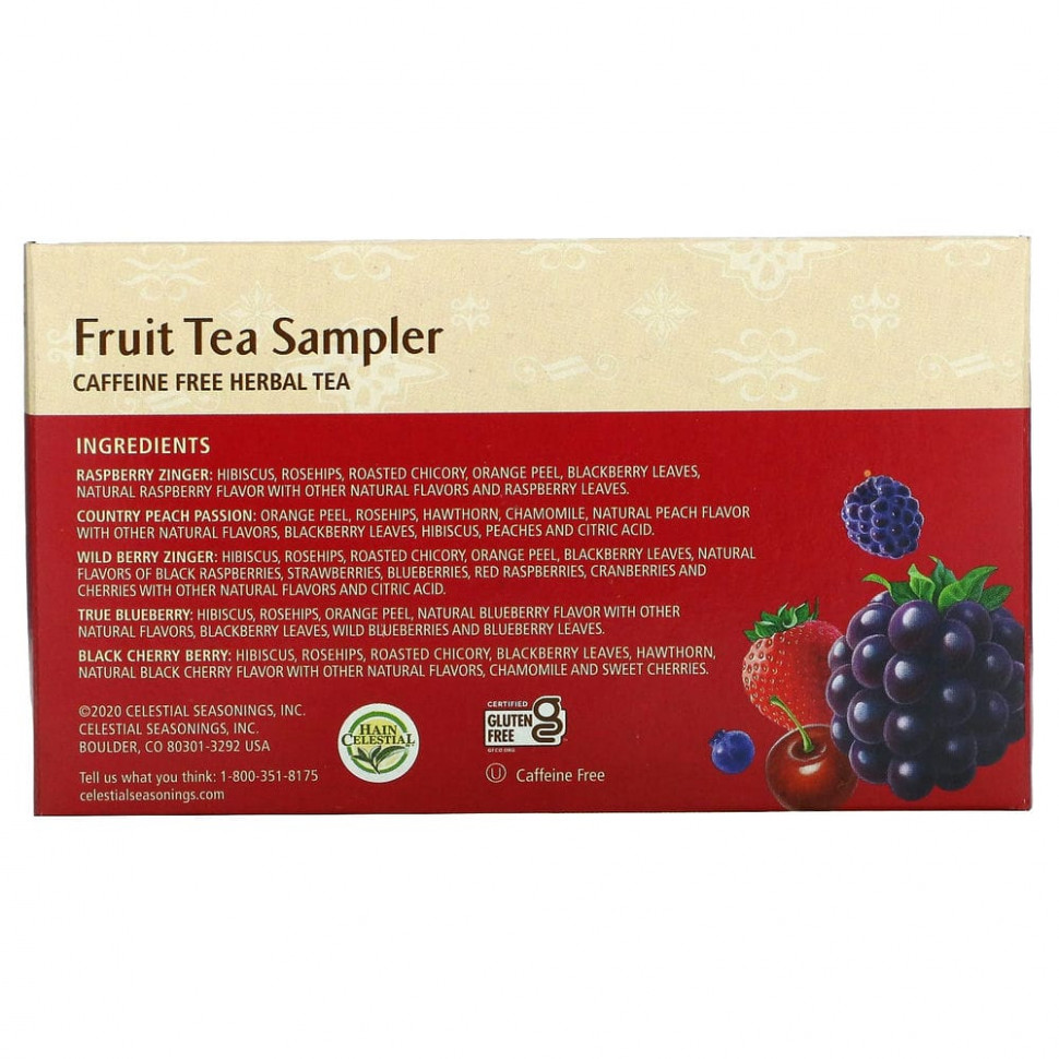 Celestial Seasonings, Fruit Tea Sampler, травяной чай, без кофеина, 5 вкусов, 18 чайных пакетиков, весом 40 г (1,4 унции) каждый