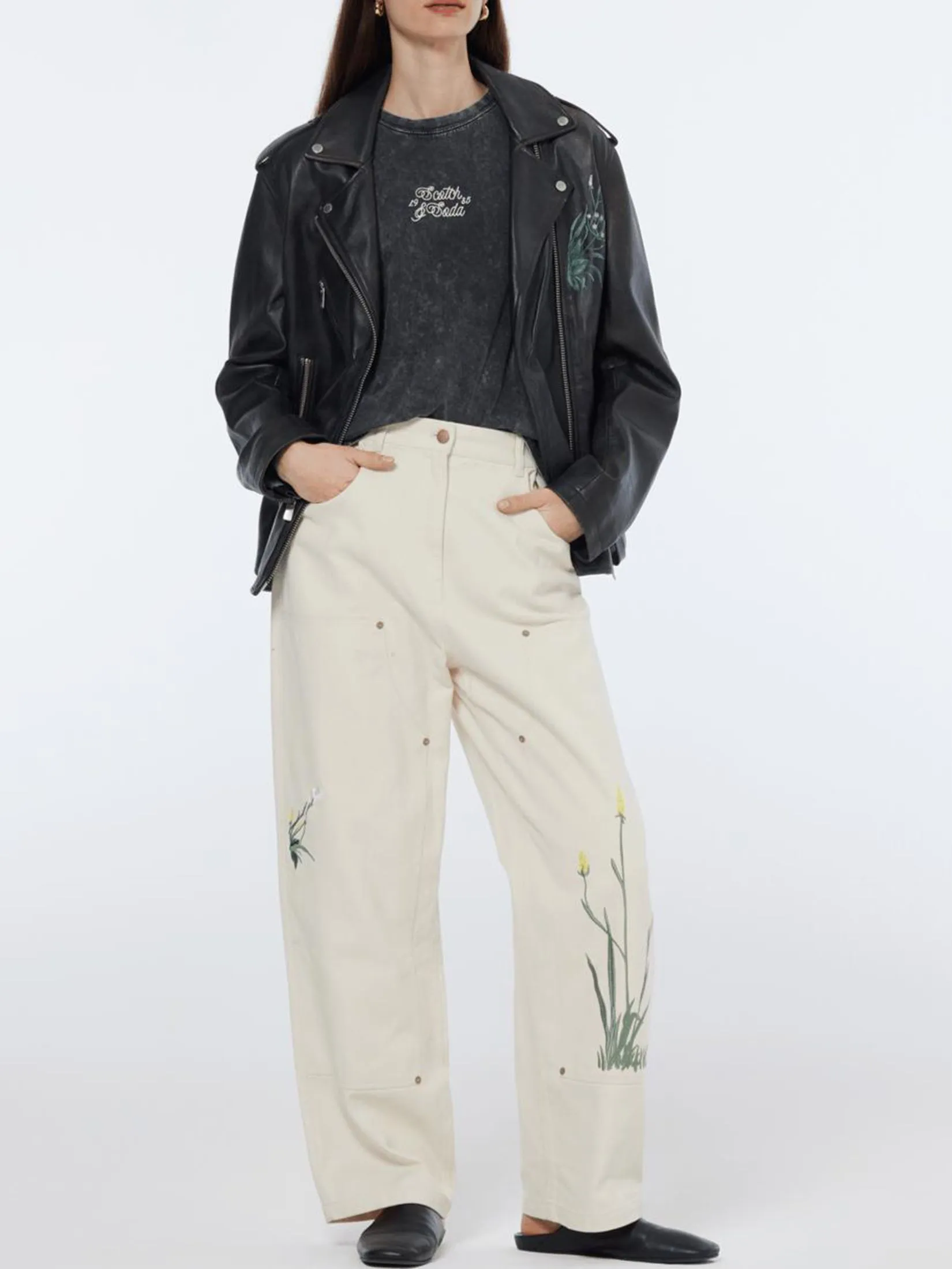 SCOTCH&SODA Women Pant Raine High Rise Wide Leg Embroidered Soft Ice