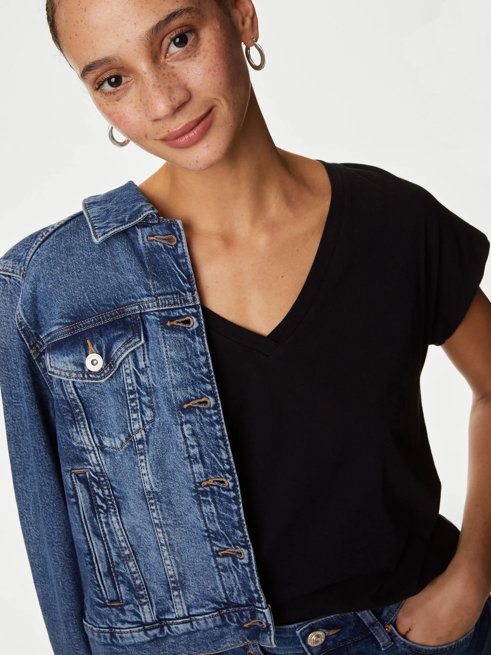 MARKS & SPENCER Women T-Shirt Cotton Rich V-Neck Relaxed Longline