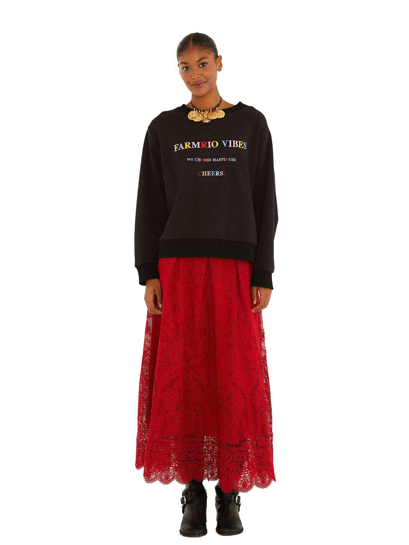 FARM RIO Women Skirt Guipure Boho Garden Red