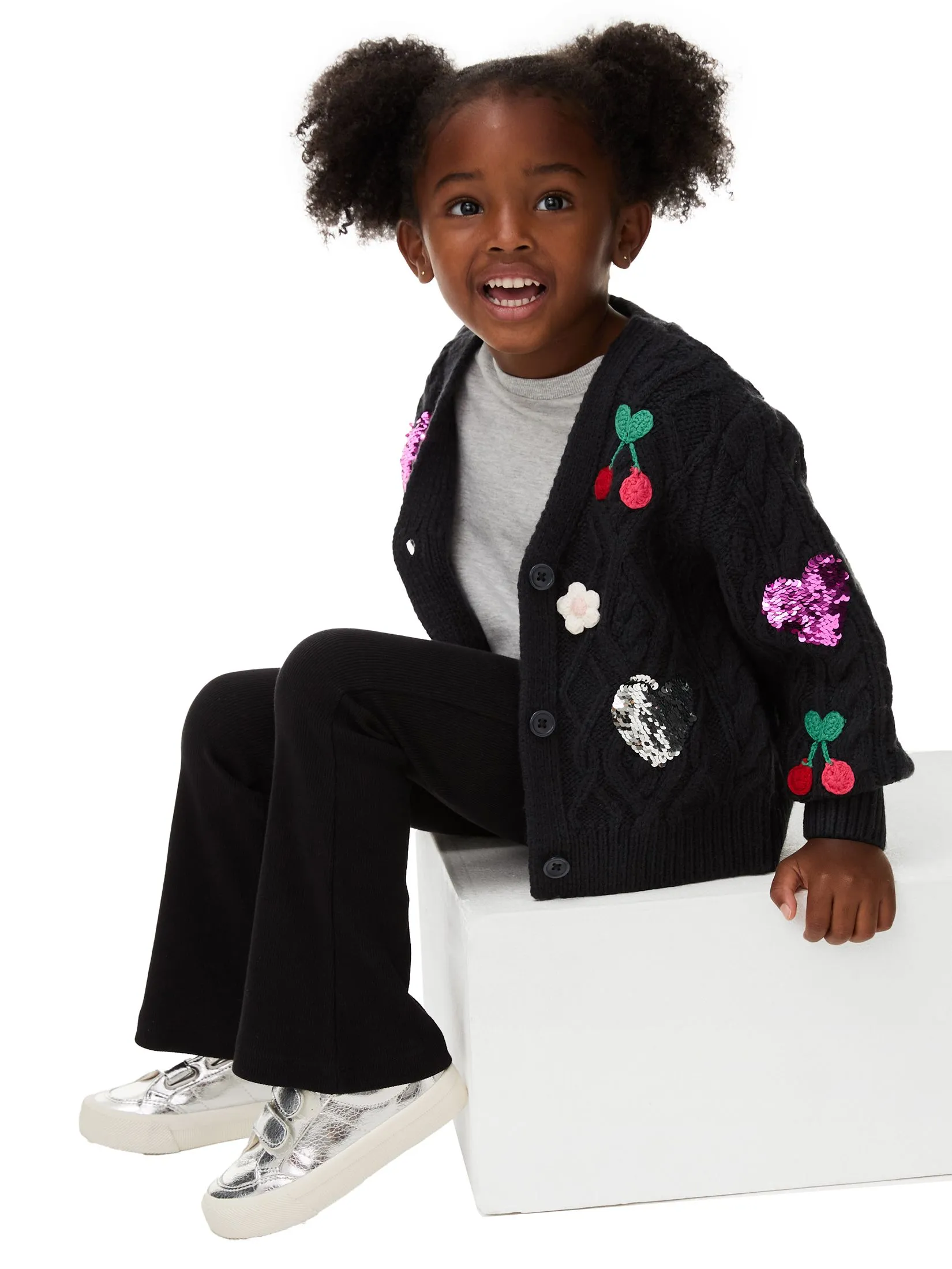 MARKS & SPENCER KIDS Girl Toddler Cardigan Embroidered Sequin Heart Cherry Carbon