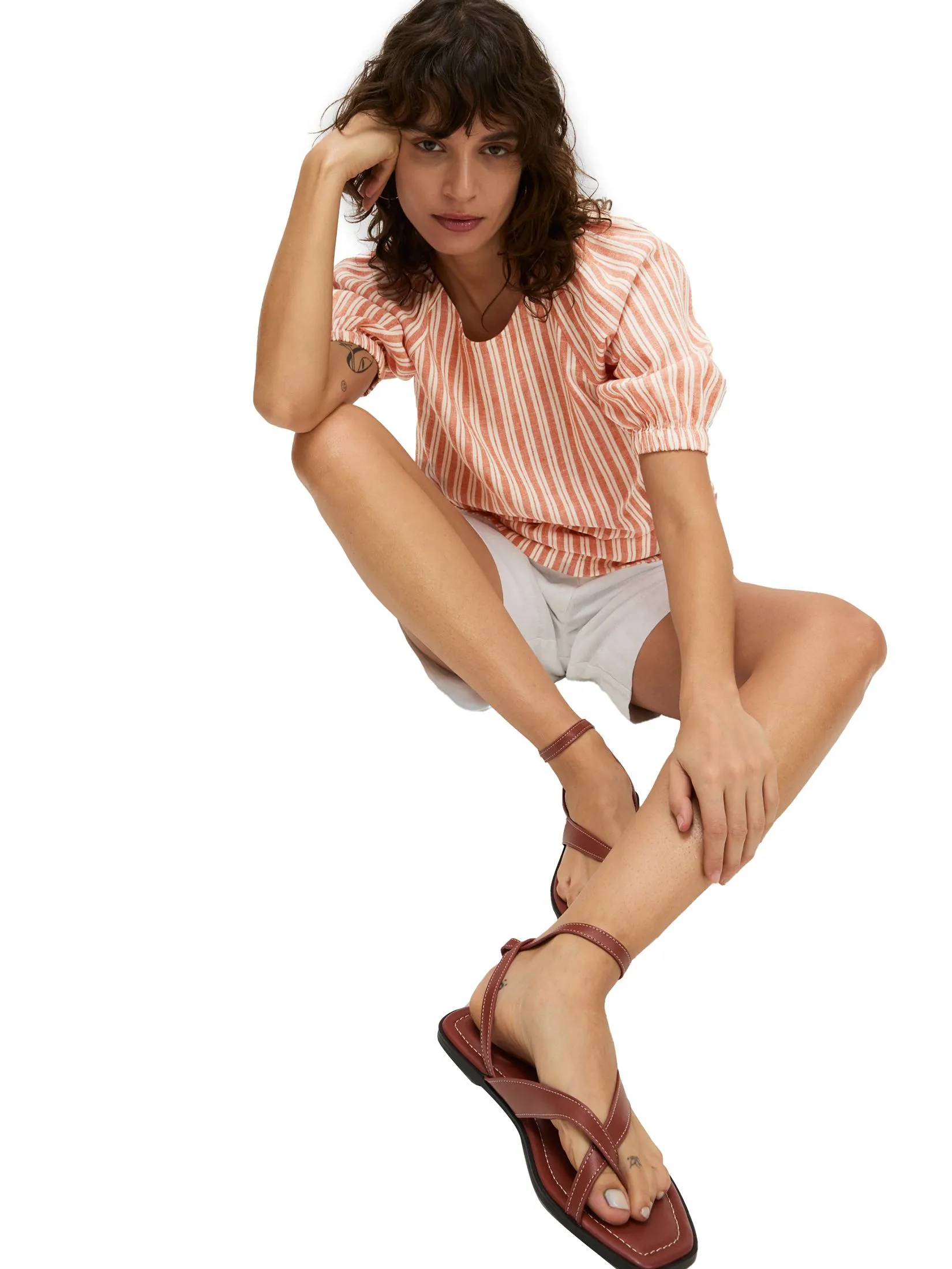 MARKS & SPENCER Women Blouse Linen Rich Striped Puff Sleeve Marmalade