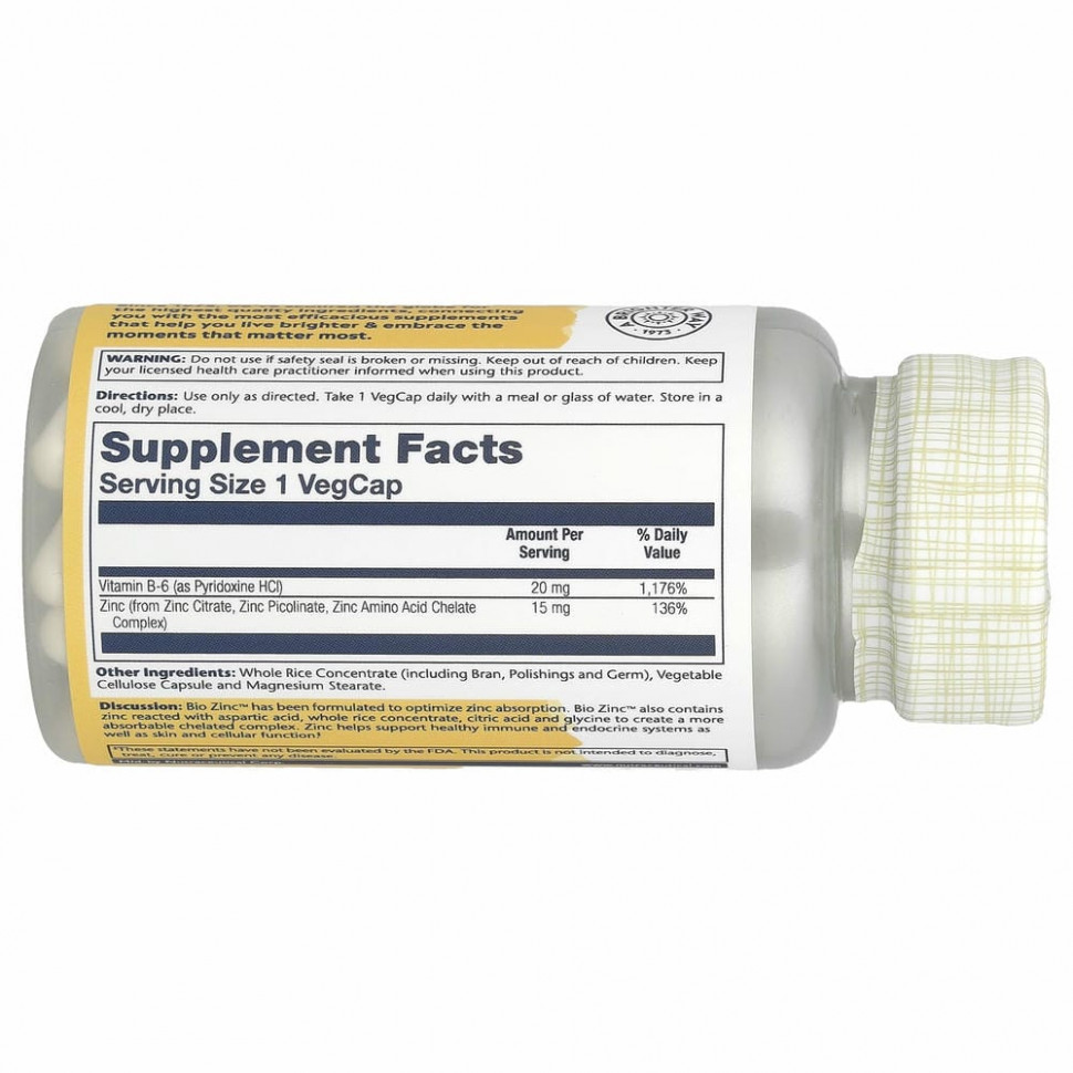 Solaray, Bio Zinc, 15 мг, 100 растительных капсул