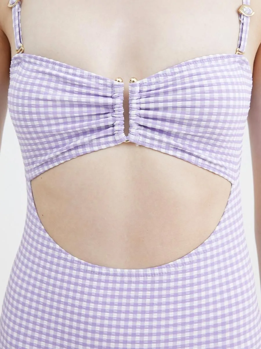 KLOSET (KK22)Open front GINGHAM ONE PIECE purple
