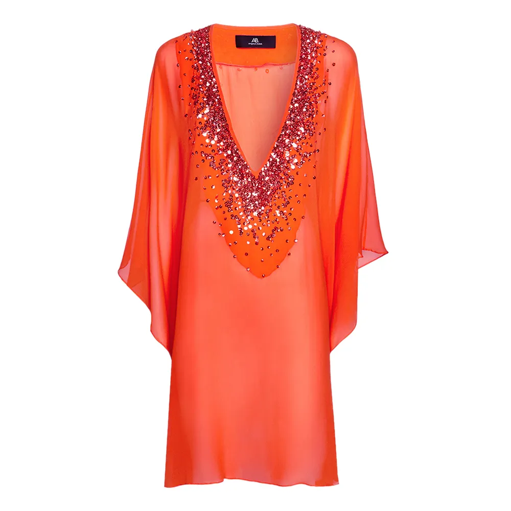 ANGELYS BALEK Orange Deep V - Neck  Women  Dress