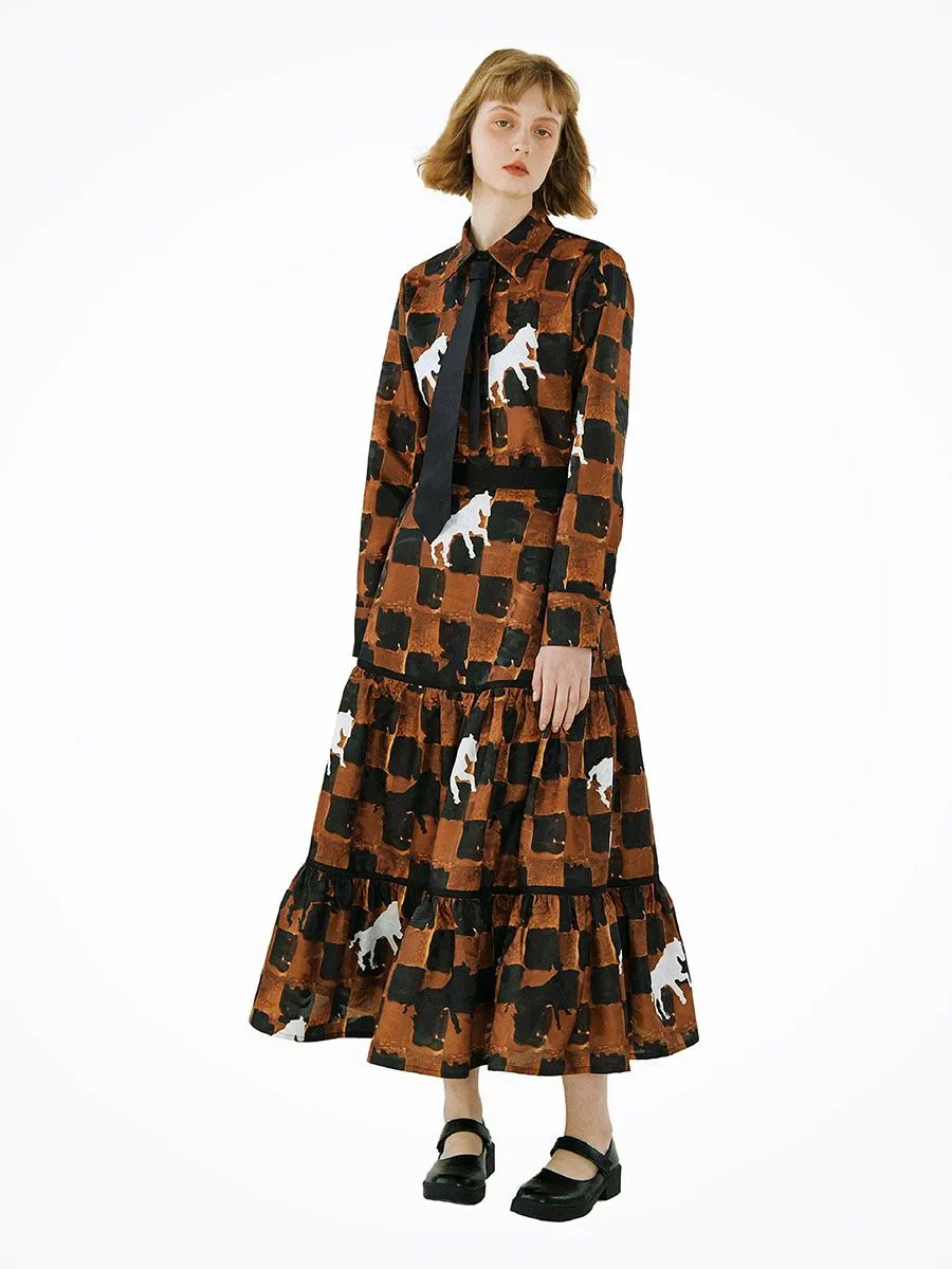 XUNRUO Women Royal Checkmate Skirt Brown