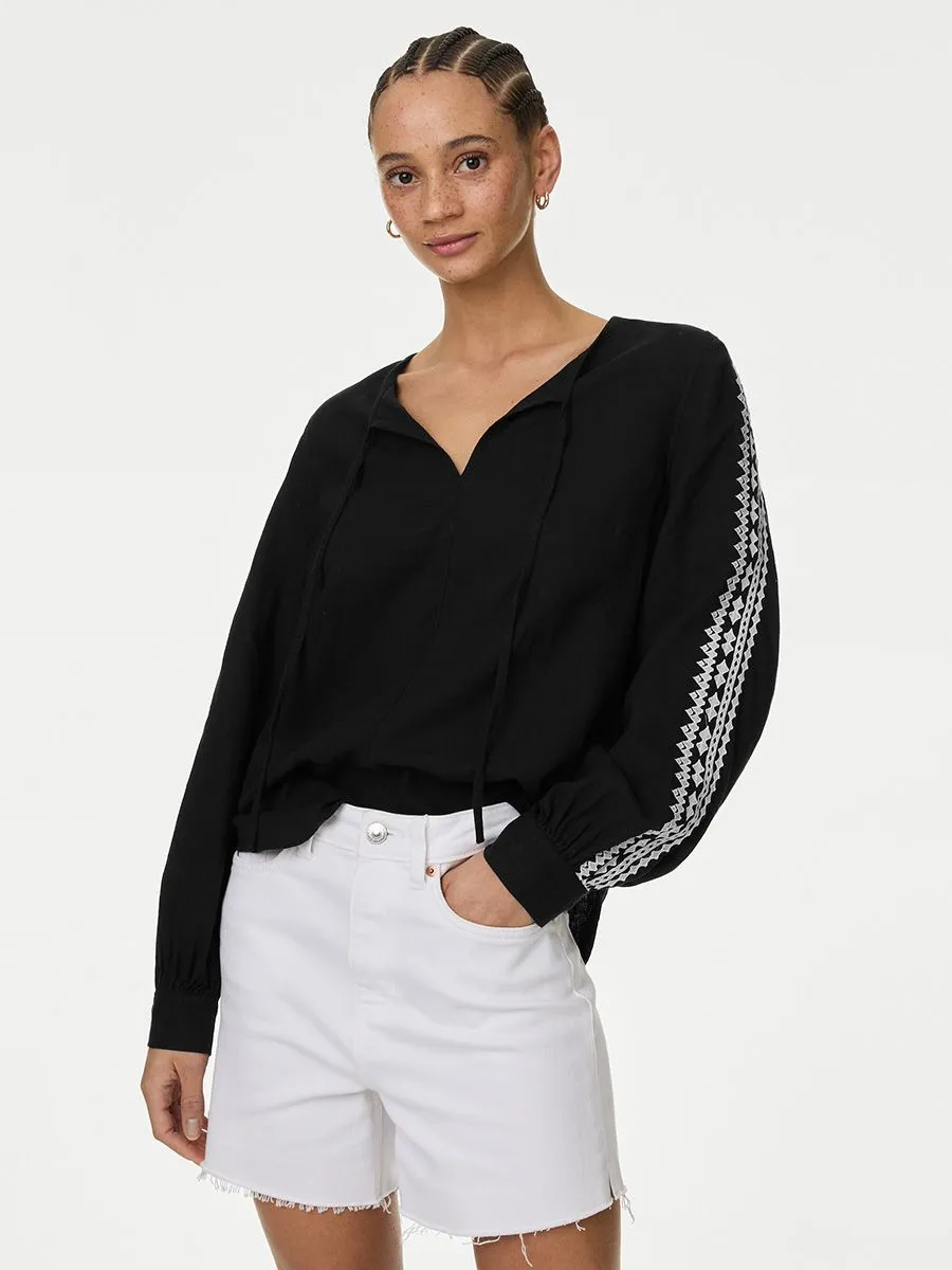 MARKS & SPENCER Women Blouse Tie Neck Embroidered Linen Blend Black