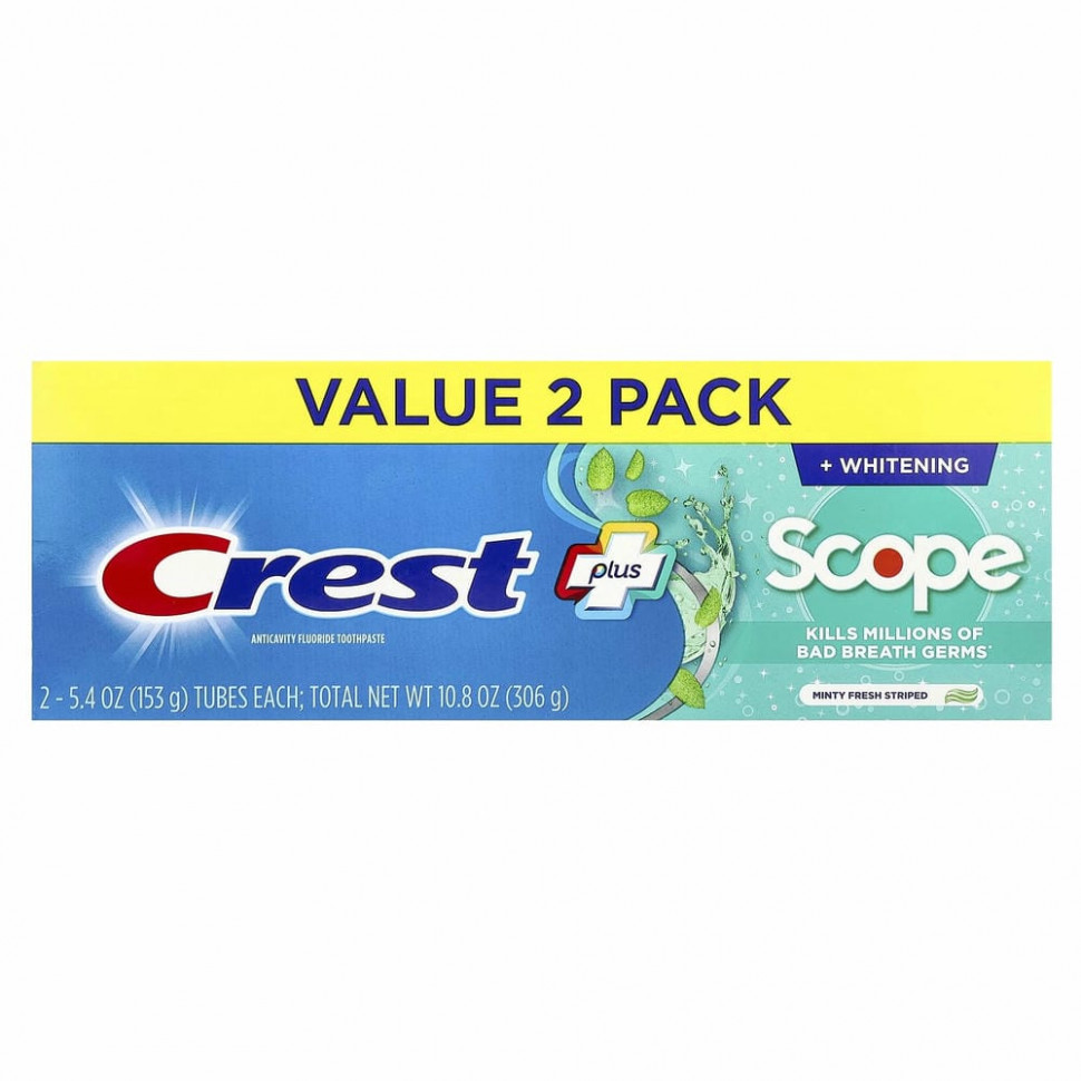 Crest, Complete Plus Scope, отбеливающая зубная паста, со свежей мятой в полоску, 2 шт. В упаковке, 153 г (5,4 унции)