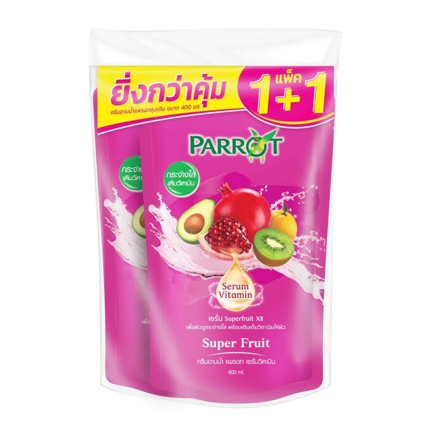 Parrot Shower Cream Serum Vitamin Super Fruit Refill 400 Ml. Twin Pack - Pink