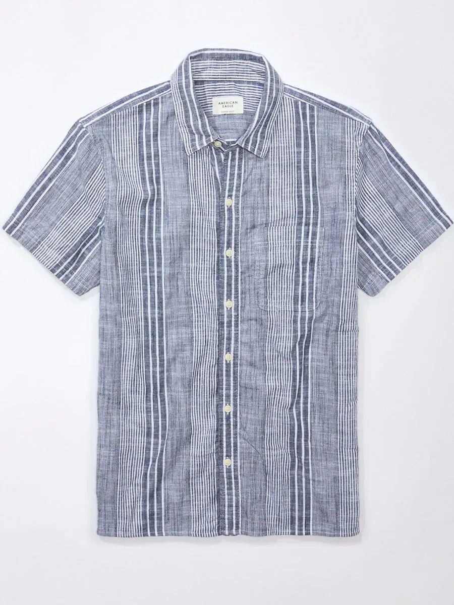 AMERICAN EAGLE MEN COLT STRIPE TERRY SLUB SHIRT 409 BLUE MIST