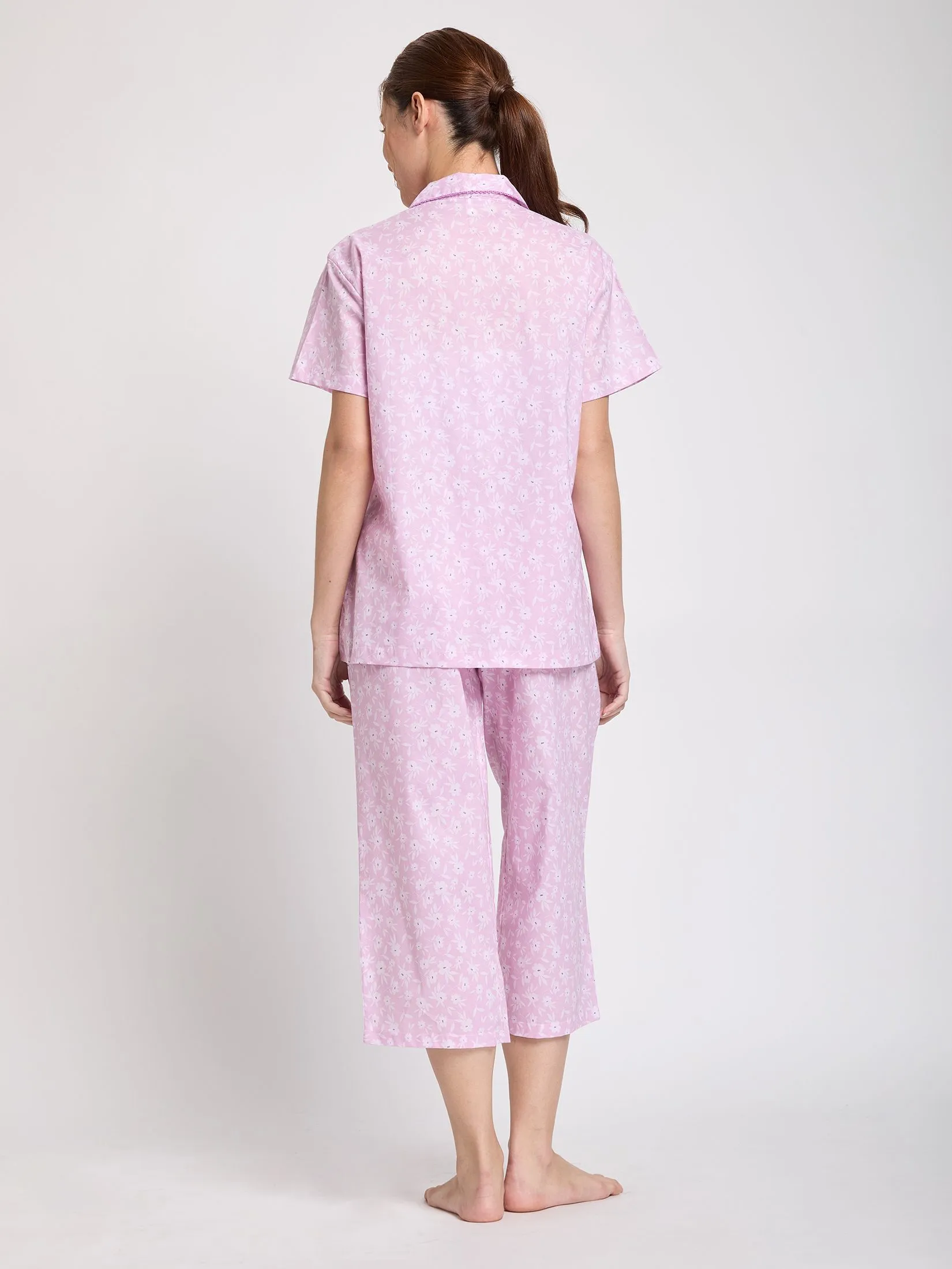 CLAUDIA'S ROMANCE Women Pyjamas Hawaii Shirt Short Sleeves + Cropped Print Floral Print Pink