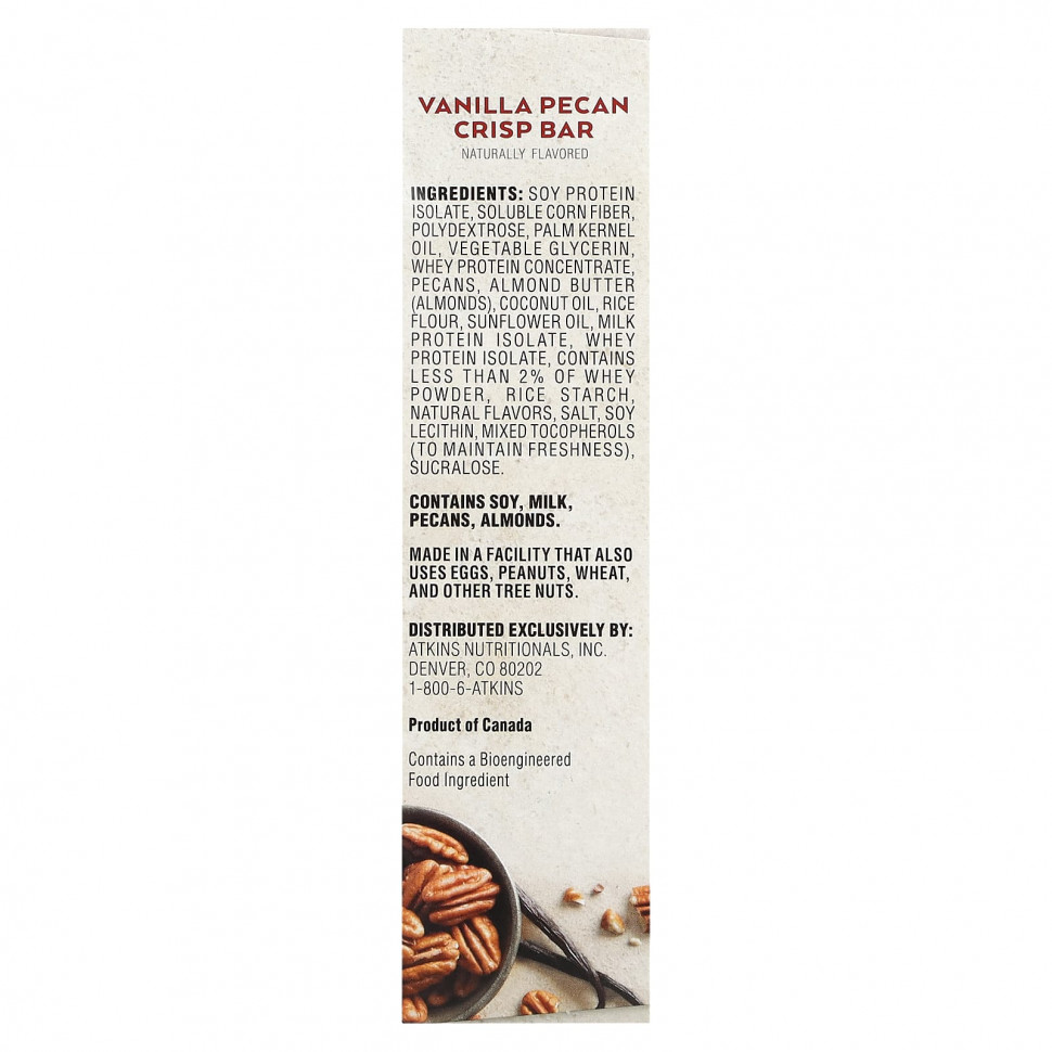 Atkins, Protein Meal Bar, Vanilla Pecan Crisp Bar, 5 Bars, 1.69 oz (48 g) Each